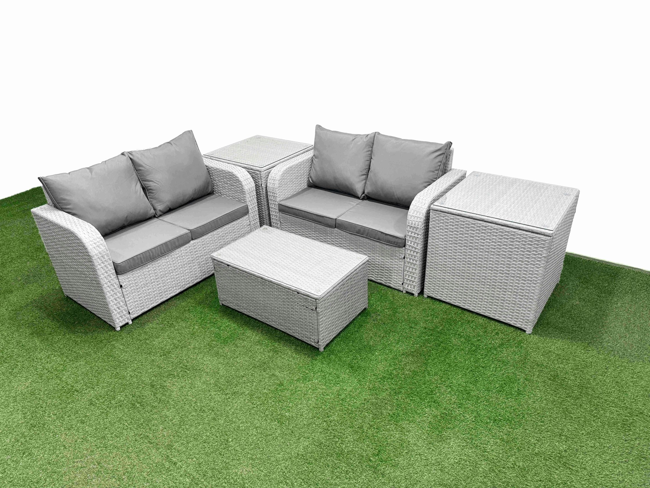Rackhams Light/Grey 4 Seater Outdoor Love Sofa Set Rattan Garden Furniture Set With Rectangular Coffee Table 2 Side Tables