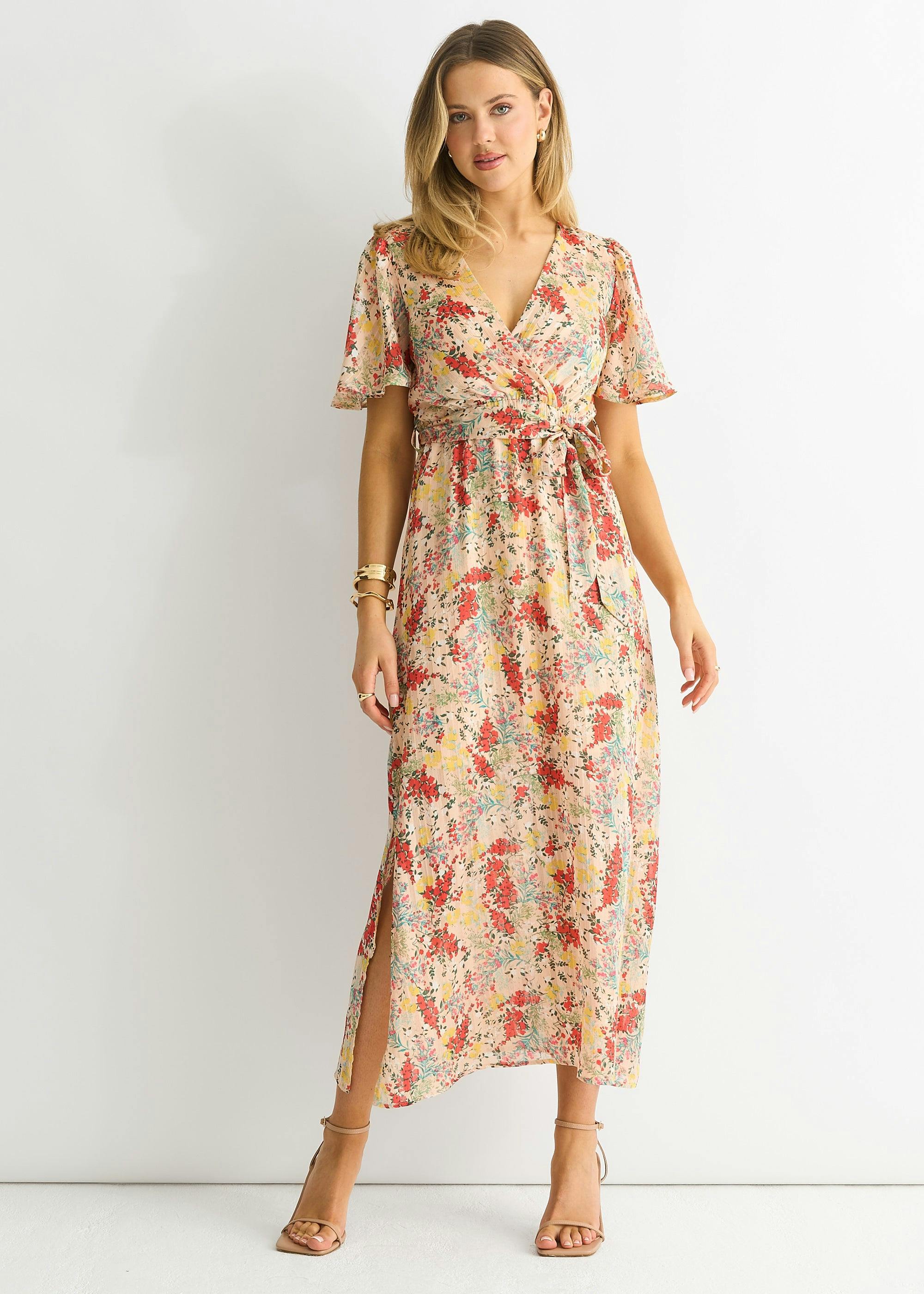 Gini London Multi Floral Jacquard Chiffon Midi Dress - Uk 14 / Us 10 / Eu 42