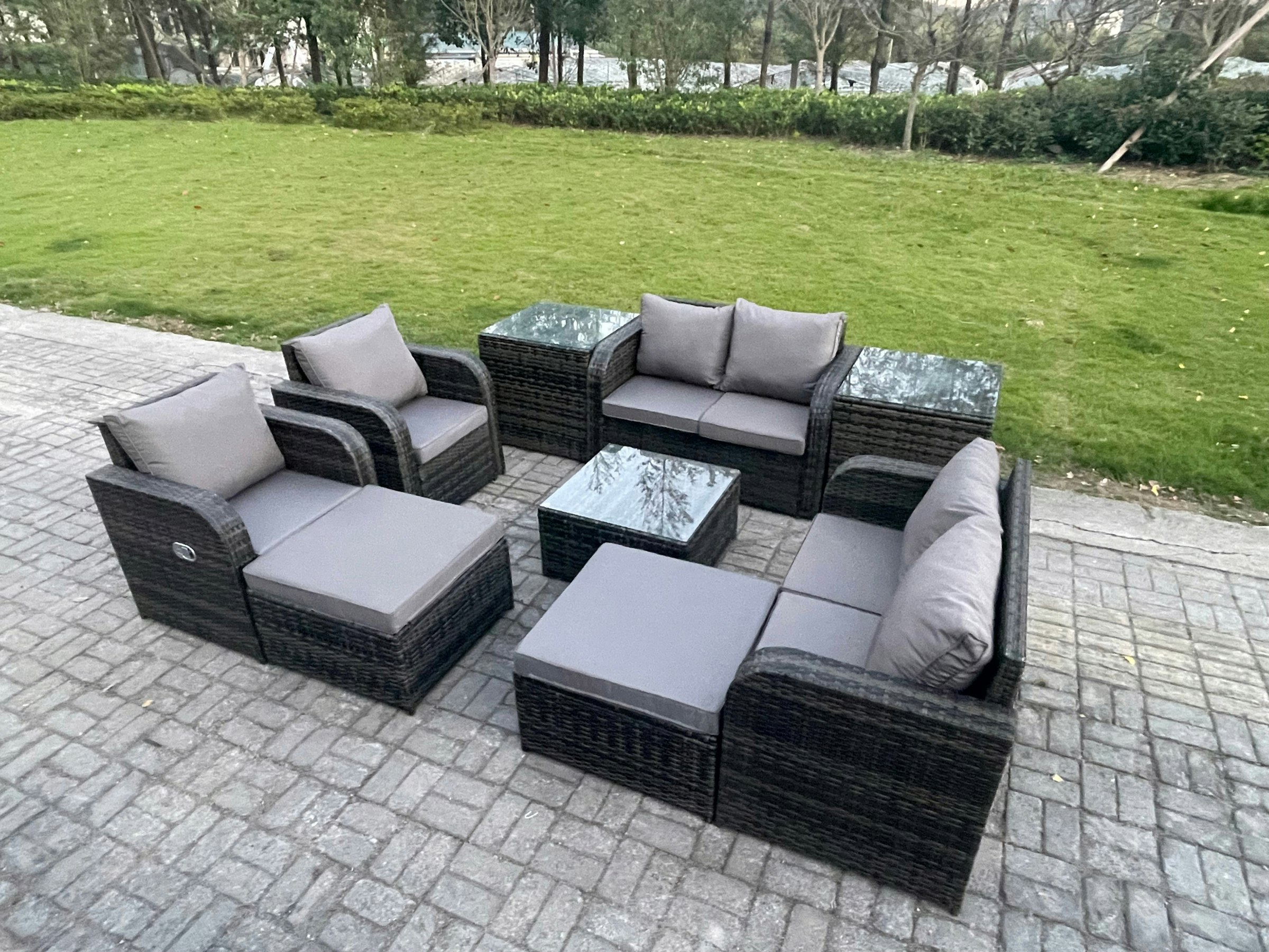 Rackhams Dark/Grey Garden Furniture Set Rattan Outdoor Lounge Sofa Chair With Tempered Glass Table 2 Big Footstool 2 Side Tables Mixed