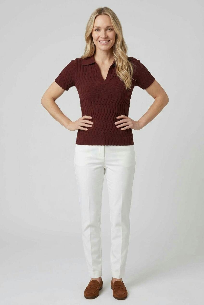 Izabel London Brown Chevron Texture Short Sleeve Knit Shirt - S/M