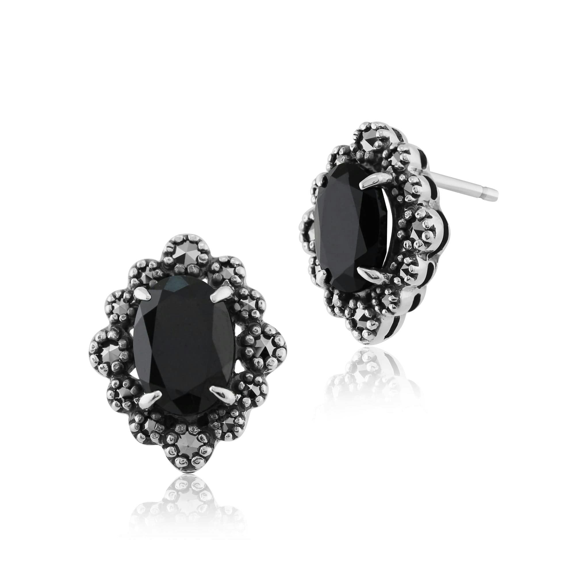 Gemondo Women's Black/Silver Art Deco Style Oval Spinel & Marcasite Stud Earrings In 925 Sterling - Sterling 2.00Ct Spinel & 0.24Ct Marcasite Art Deco Stud Earrings