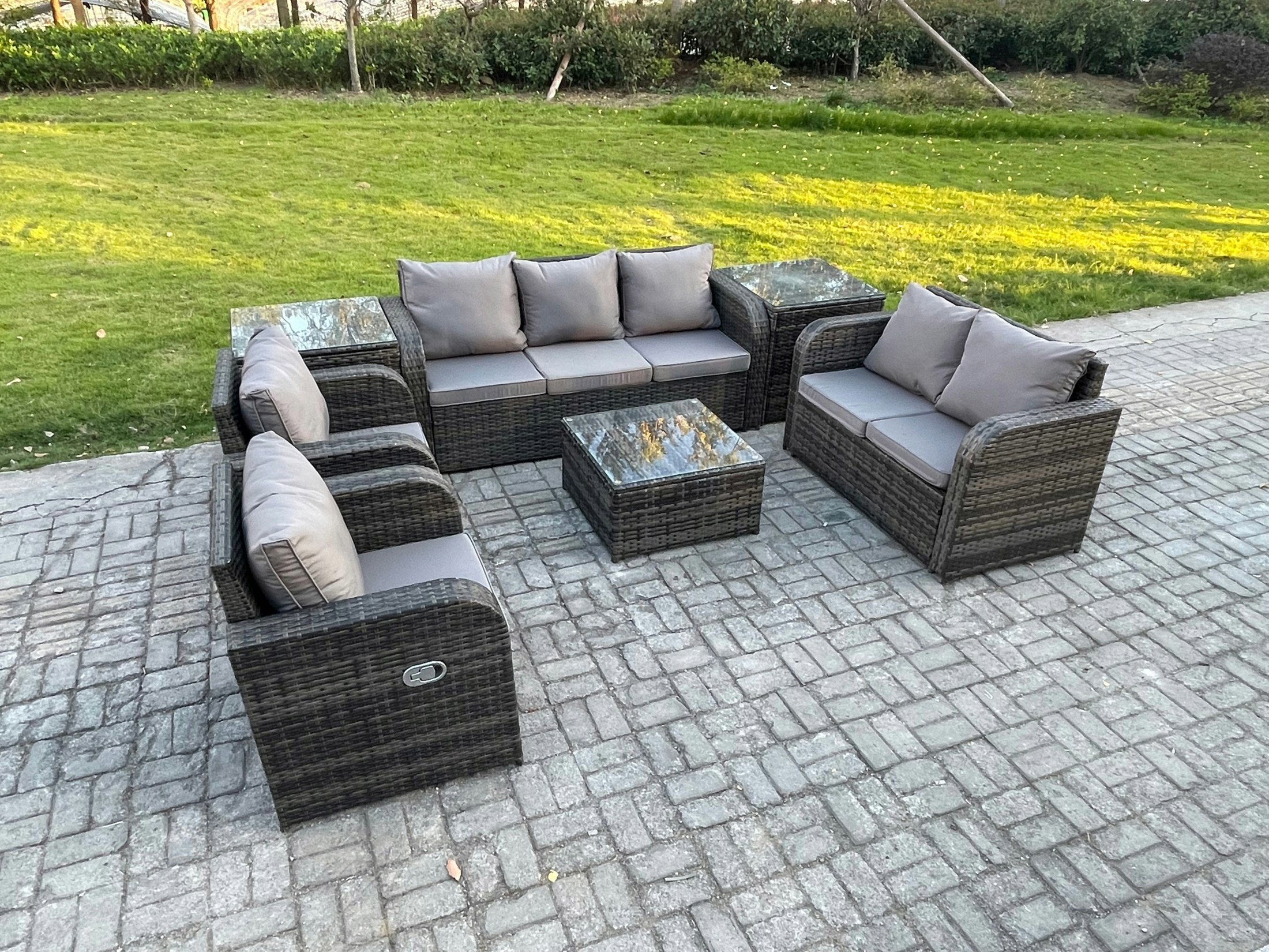 Rackhams Dark/Grey 7 Seater Garden Furniture Set Rattan Outdoor Lounge Sofa Chair With Tempered Glass Table 2 Side Tables Mixed