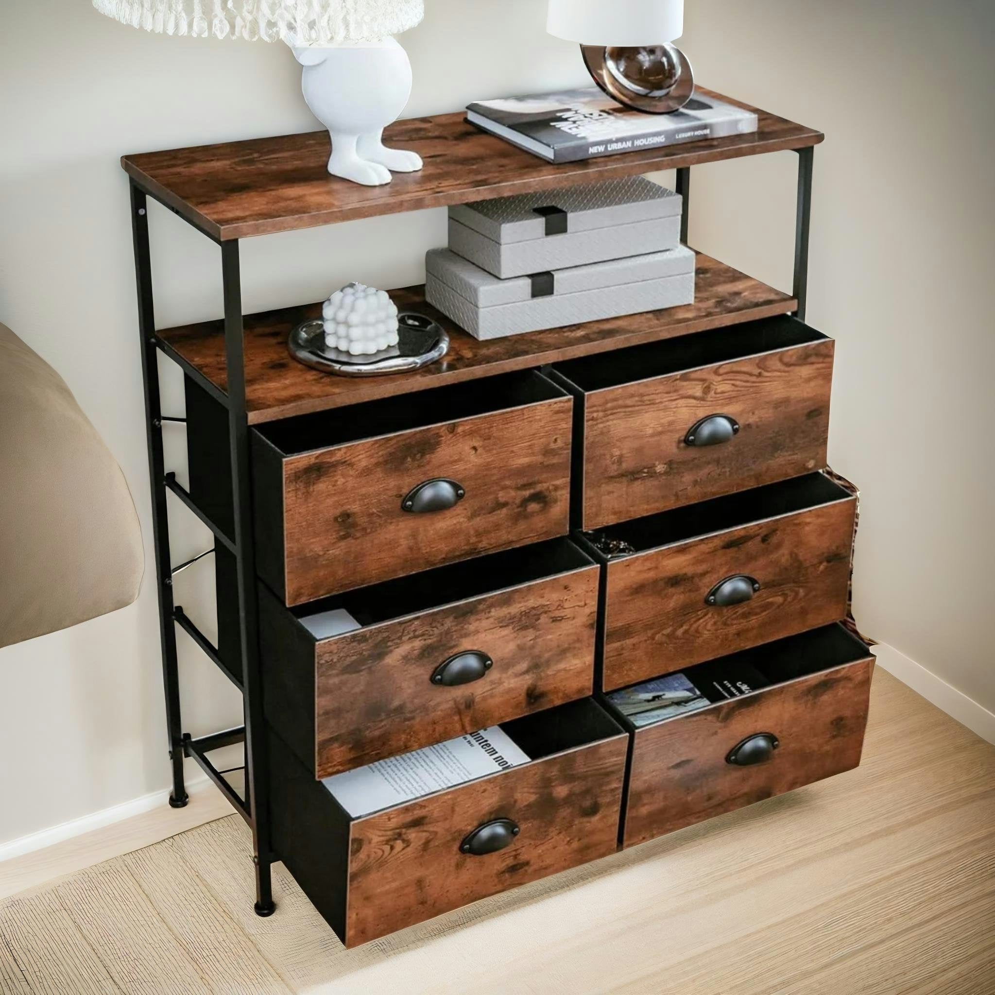 Rackhams Brown Industrial Bedroom Dresser Chest Of 6 Drawers Rustic