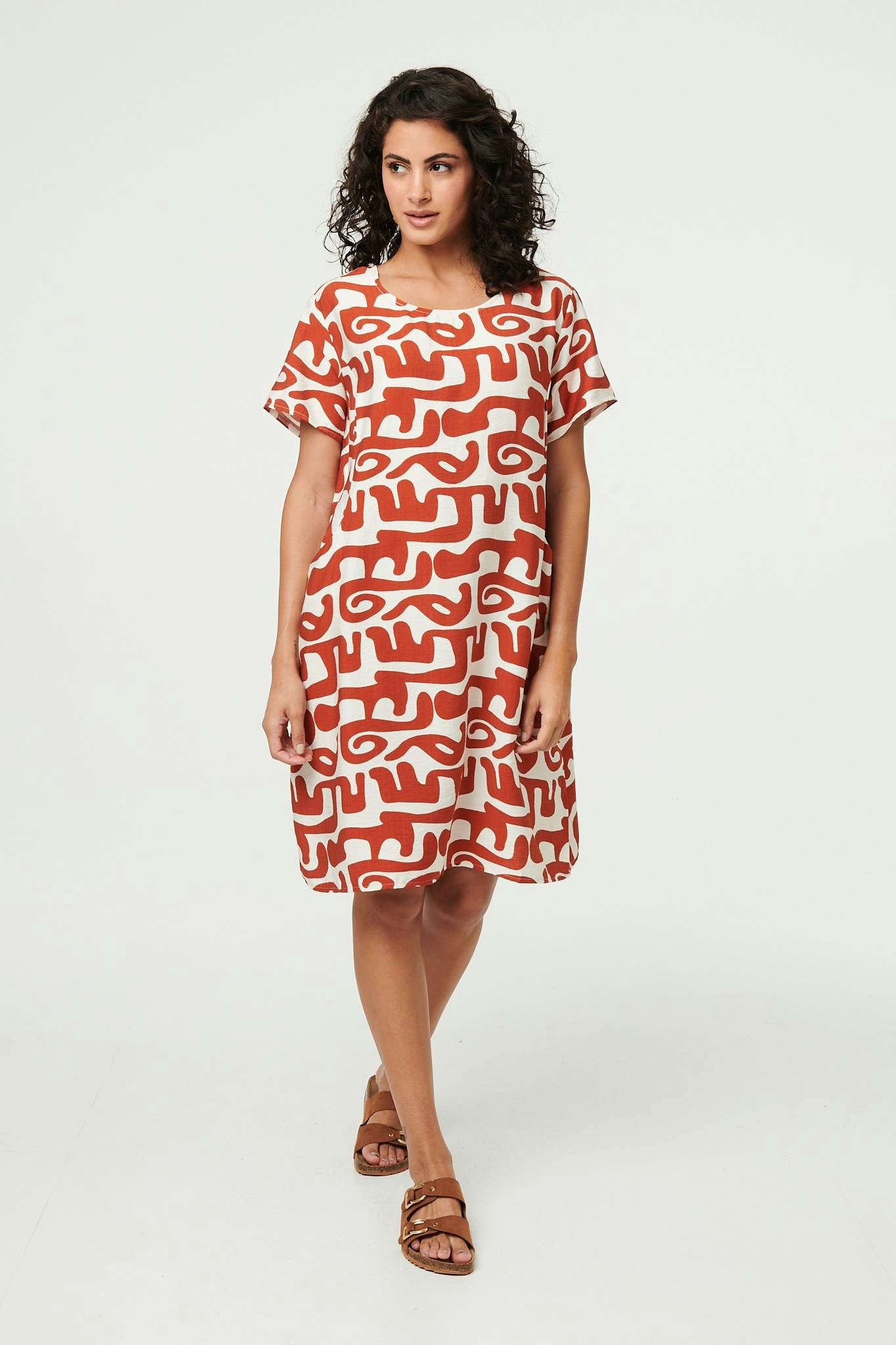 Izabel London Abstract 1/2 Sleeve Knee Length Dress - Rust Size 16