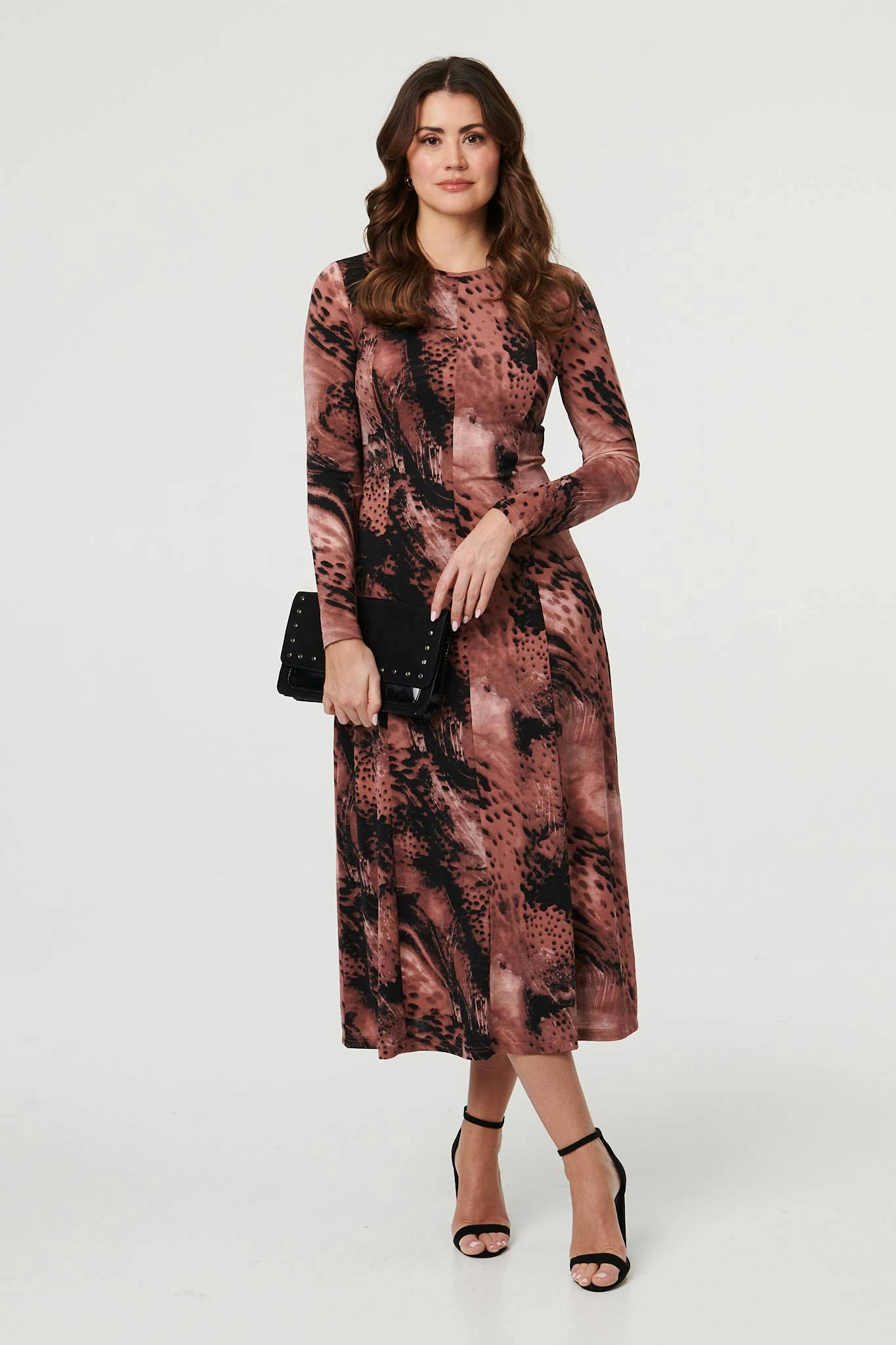 Izabel London Pink Abstract Long Sleeve Flared Midi Dress - 10