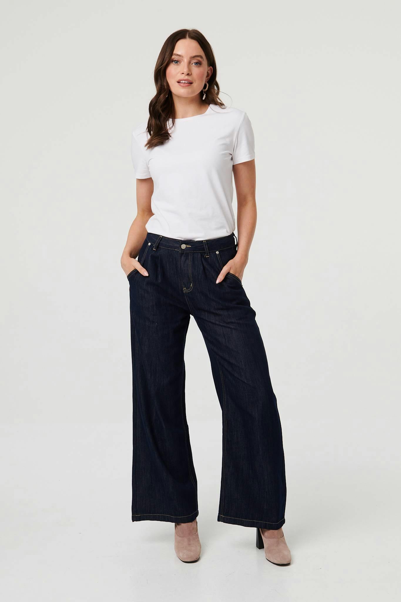 Izabel London Black High Waist Pleat Front Wide Leg Jeans - 12