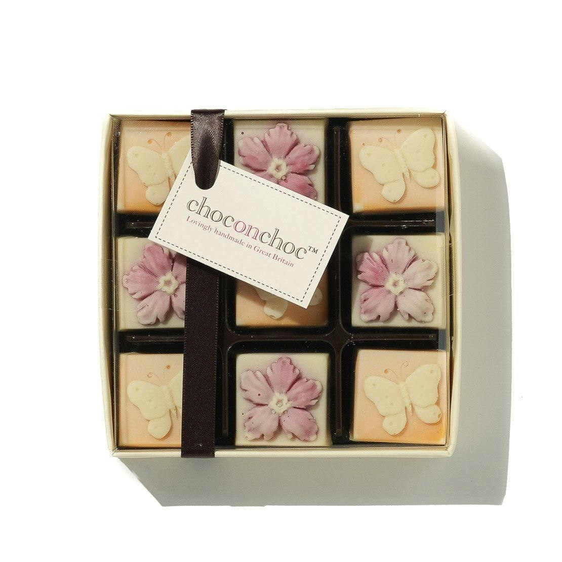 Choc On Choc White/Pink/Orange Chocolate Butterflies And Flowers