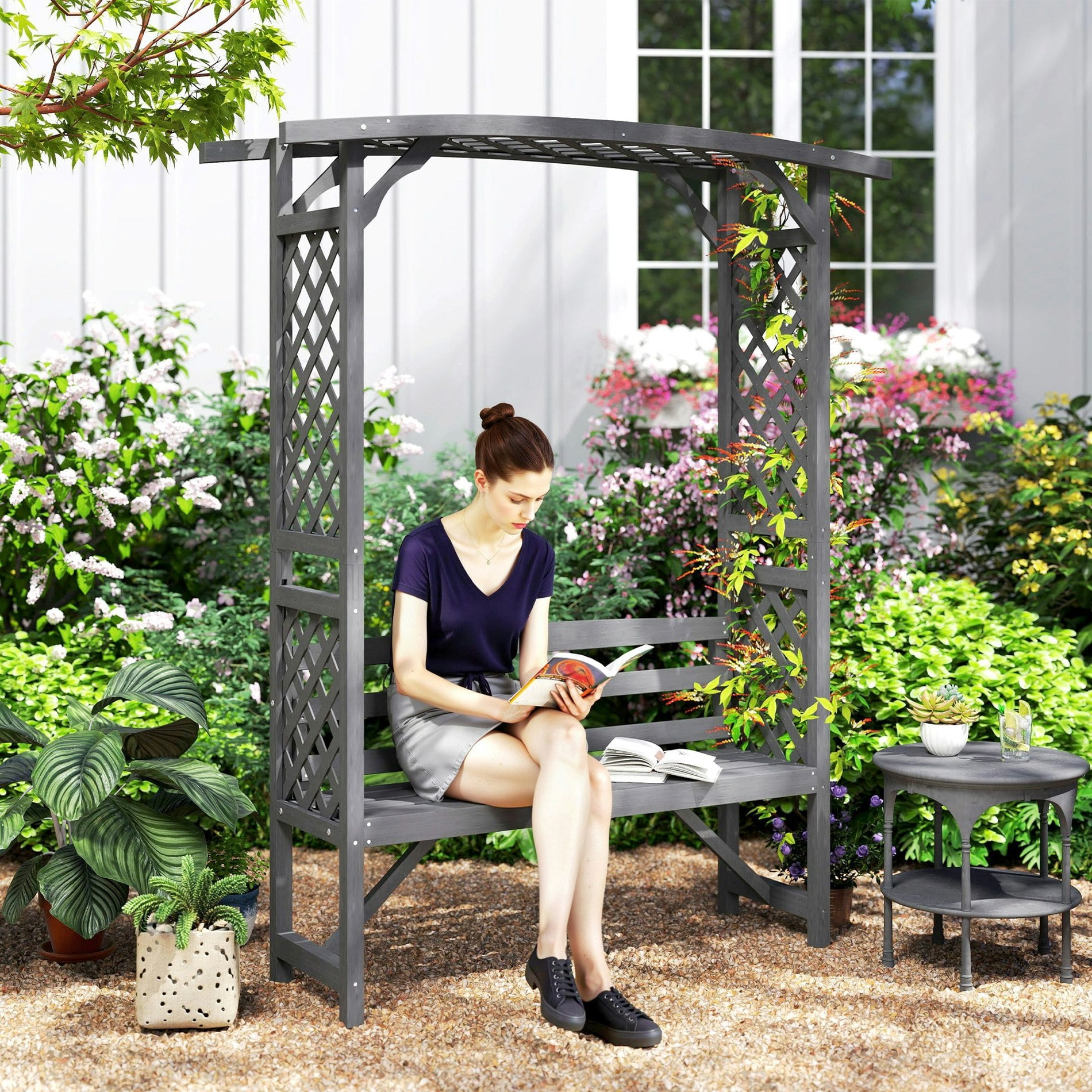 Rackhams Brown/Grey Arch Garden Bench, Wooden Garden Arbour With Seat, - Fir Wood - 160Cmx50cmx198cm