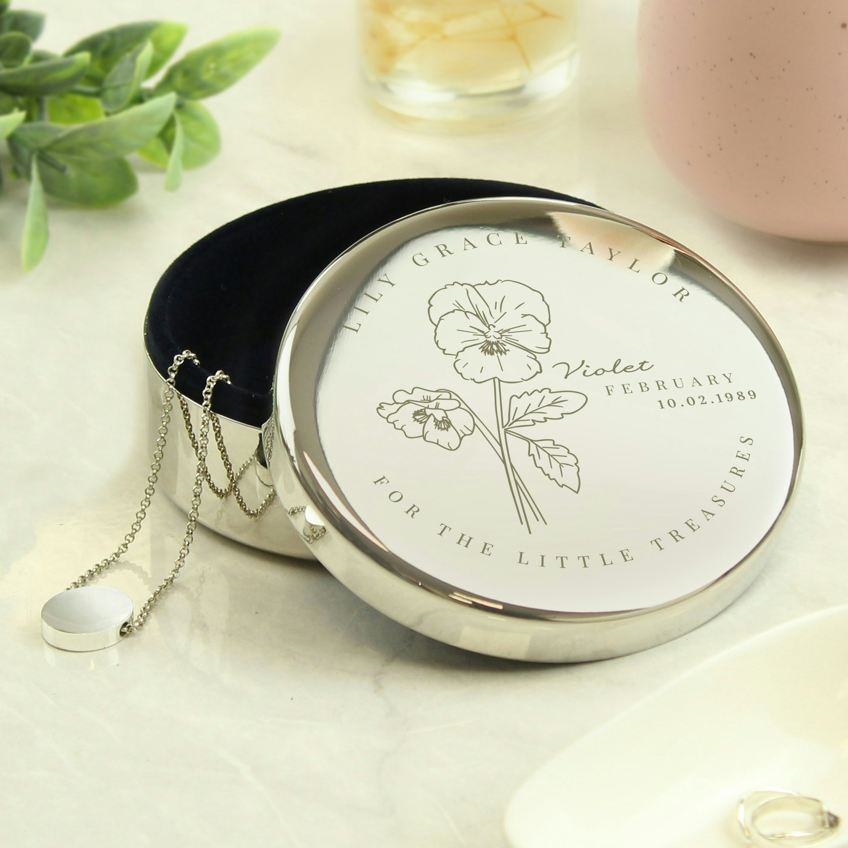 Personalised Memento Company Dark/Blue Personalised February Birth Flower Round Trinket Box