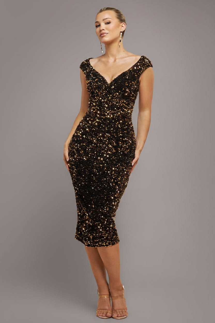 Goddiva Gold Multi Sequin & Velvet Bardot Midi Dress - By - 18