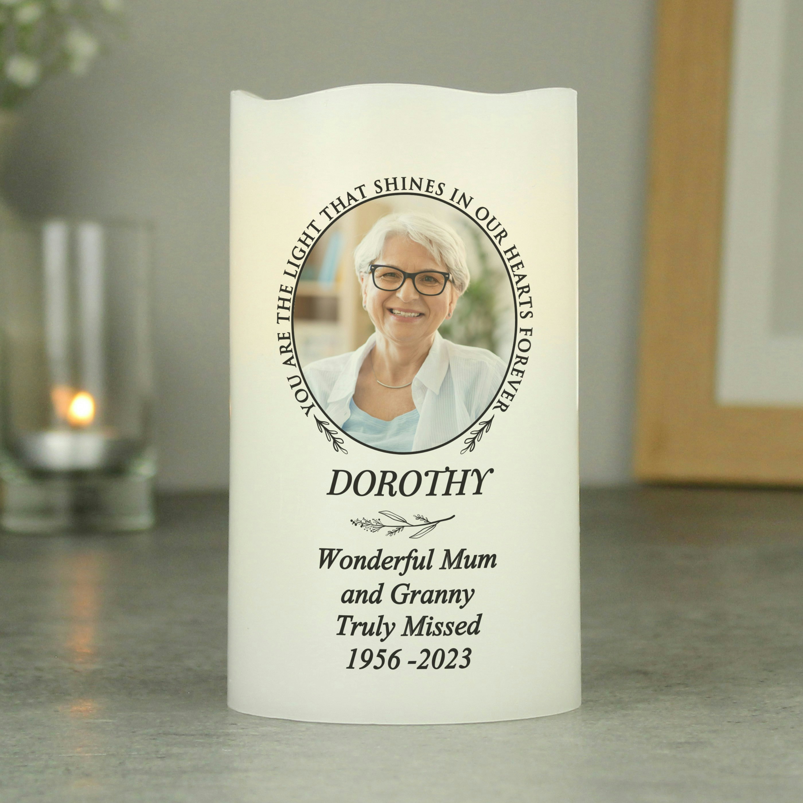 Rackhams Light Personalised In Our Hearts Photo Upload Led Candle