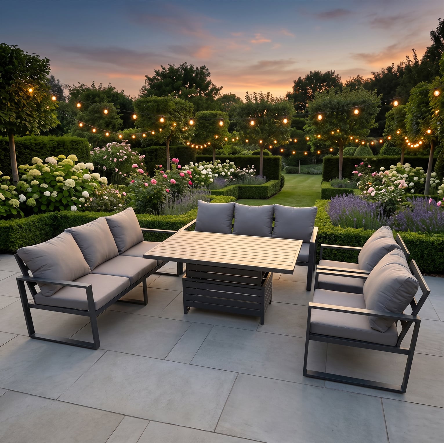 Fimous Dark/Grey 8 Seater Aluminium Patio Furniture Set With Adjustable Rising Dining Table, 2 Sofas & 2 Chairs