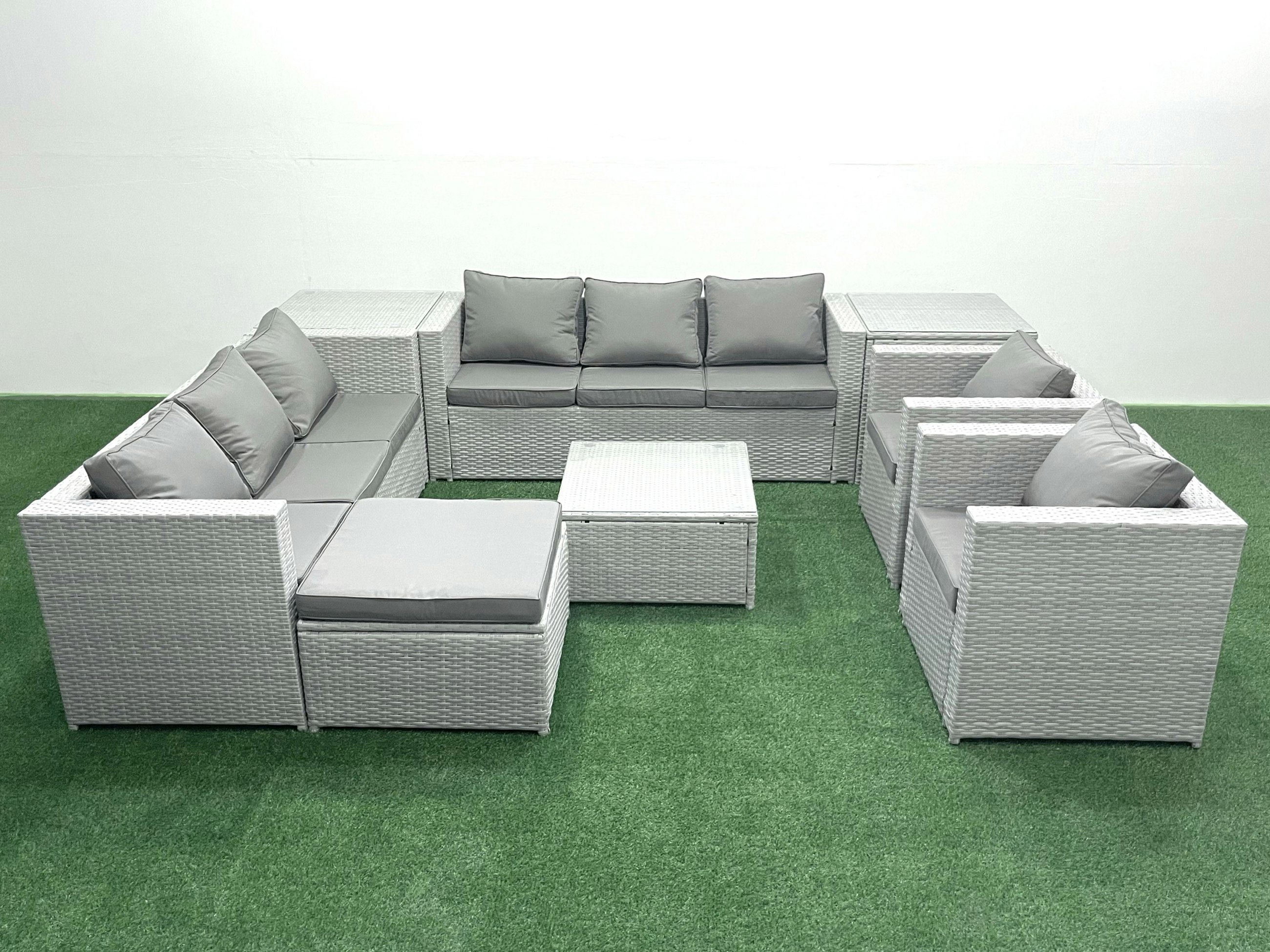 Fimous Light/Grey Outdoor Rattan Sofa Garden Furniture Set With 2 Armchairs Square Coffee Table Big Footstool 2 Side Tables Mixed