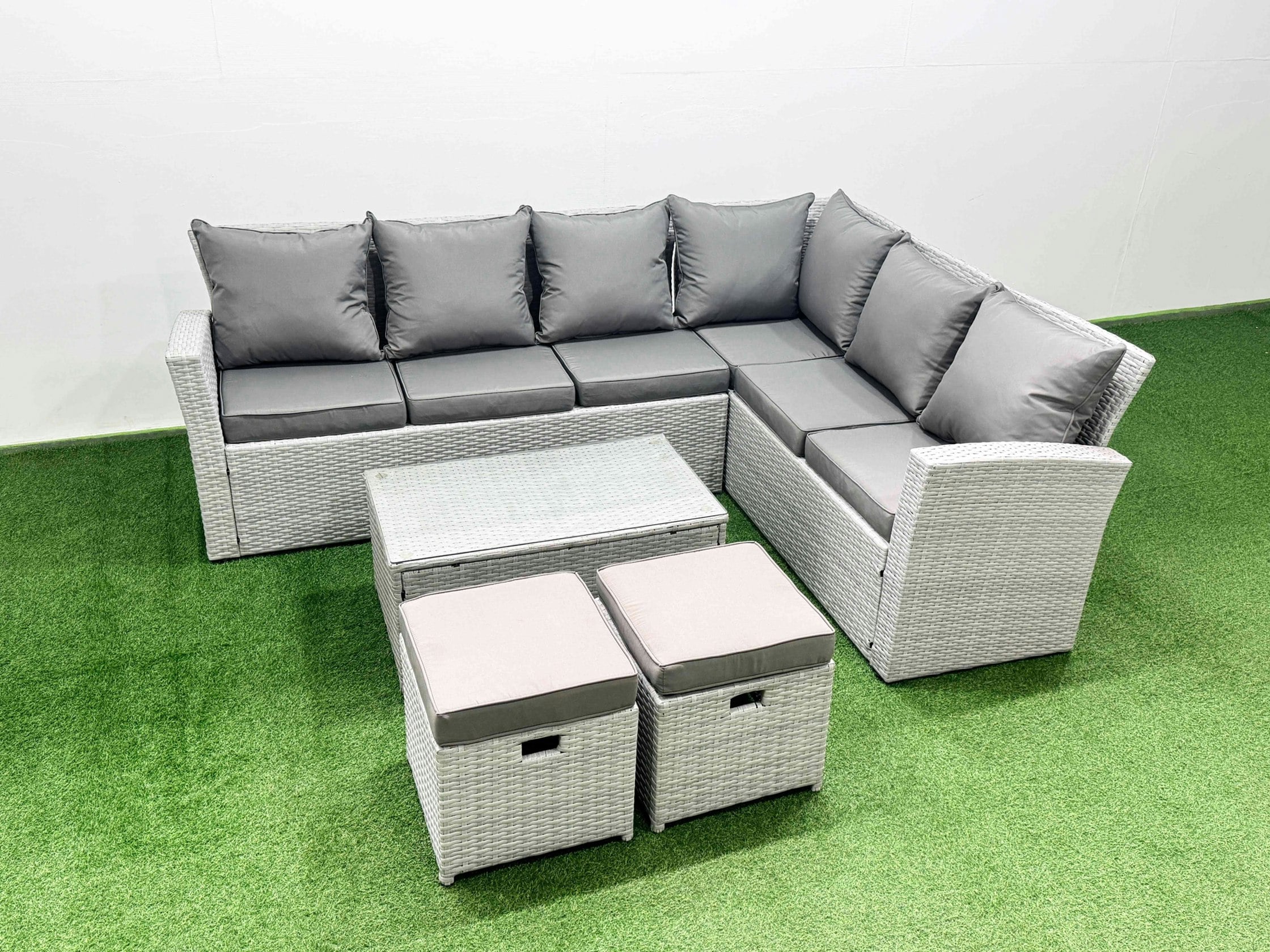 Rackhams Light/Grey Garden Outdoor Pe Rattan Furniture Set 8 Seater Rattan Garden Sofa Sets With Oblong Coffee Table Mixed