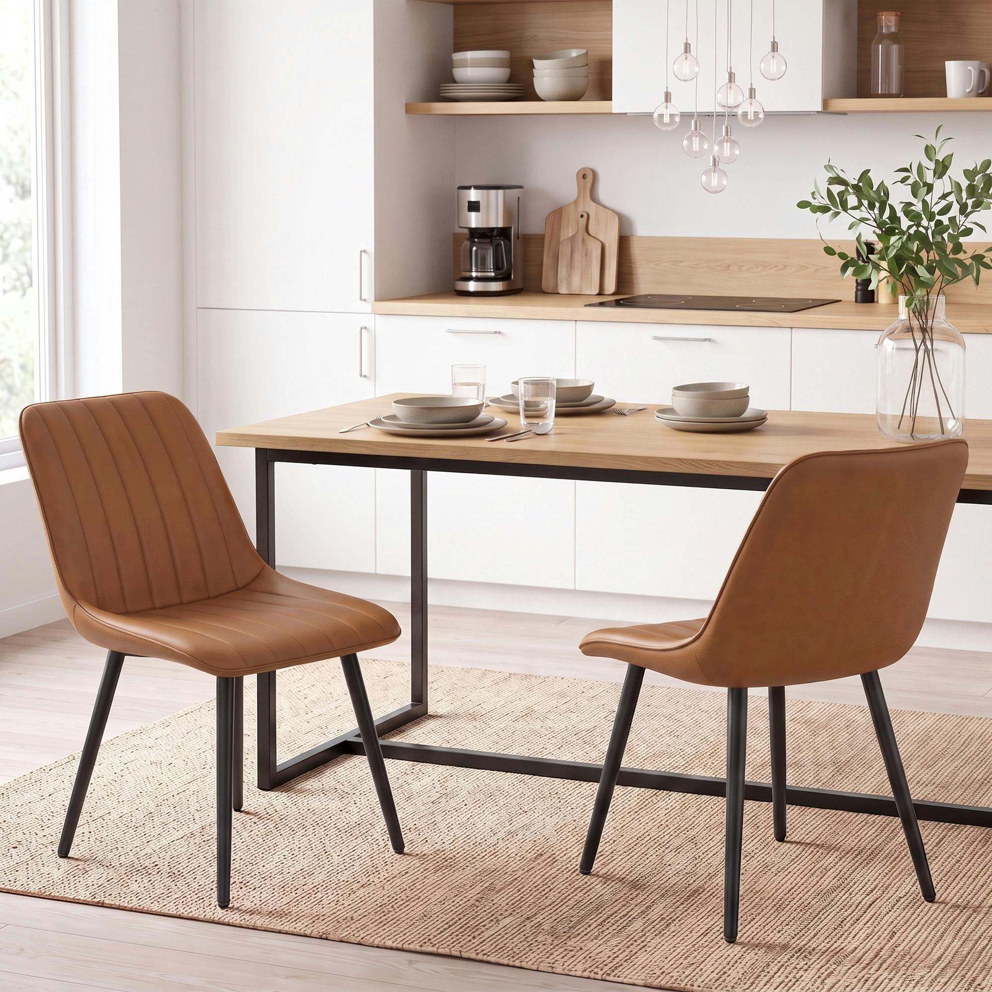 Rackhams Brown Faux Leather Upholstered Kitchen Chairs With Metal Legs,