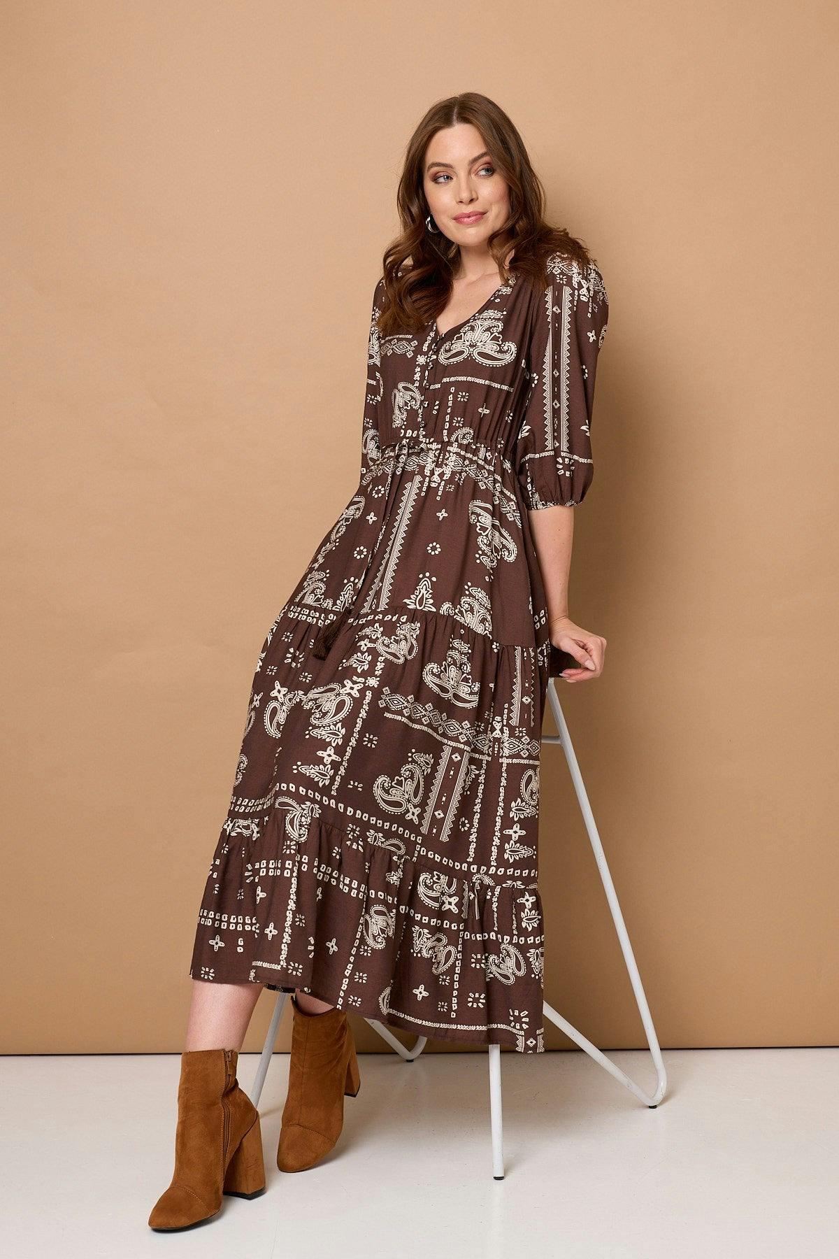 Izabel London Brown Printed 3/4 Sleeve Tie Maxi Dress - 14