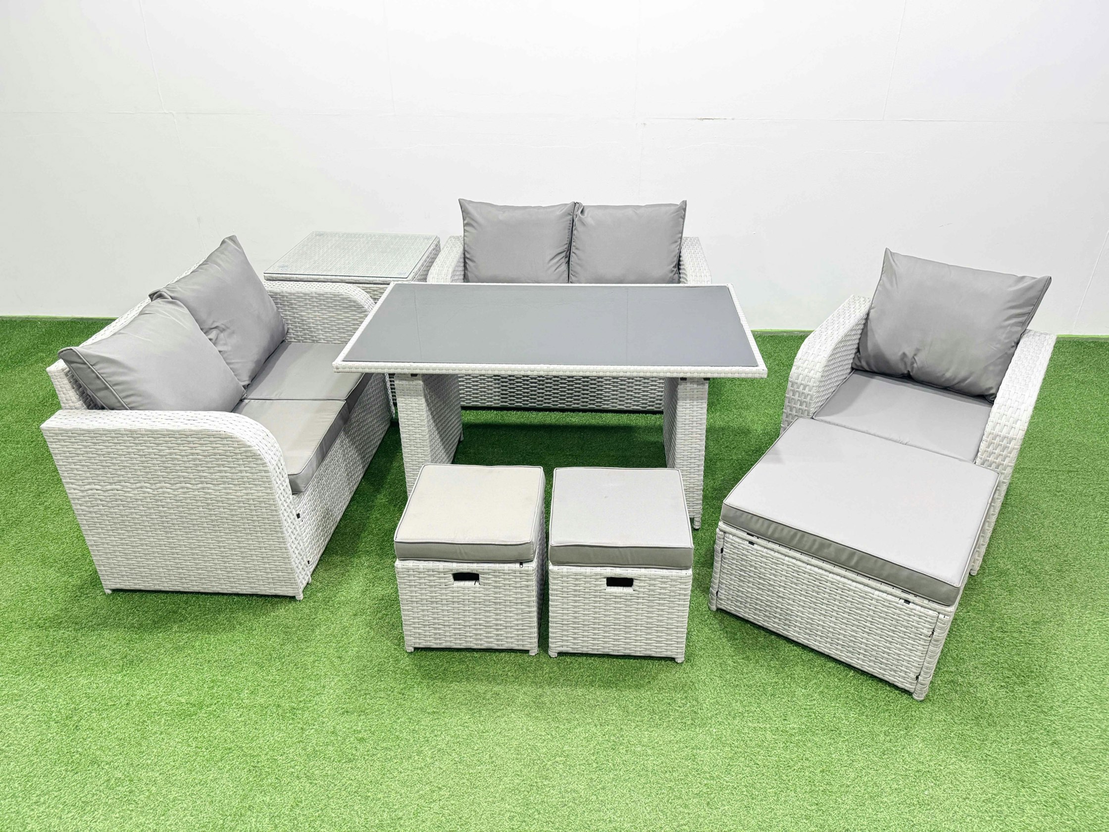 Fimous Light/Grey Rattan Sofa Outdoor Furniture With Dining Table,Side Table,Love Sofa,3 Stools Patio Furniture 8 Seater