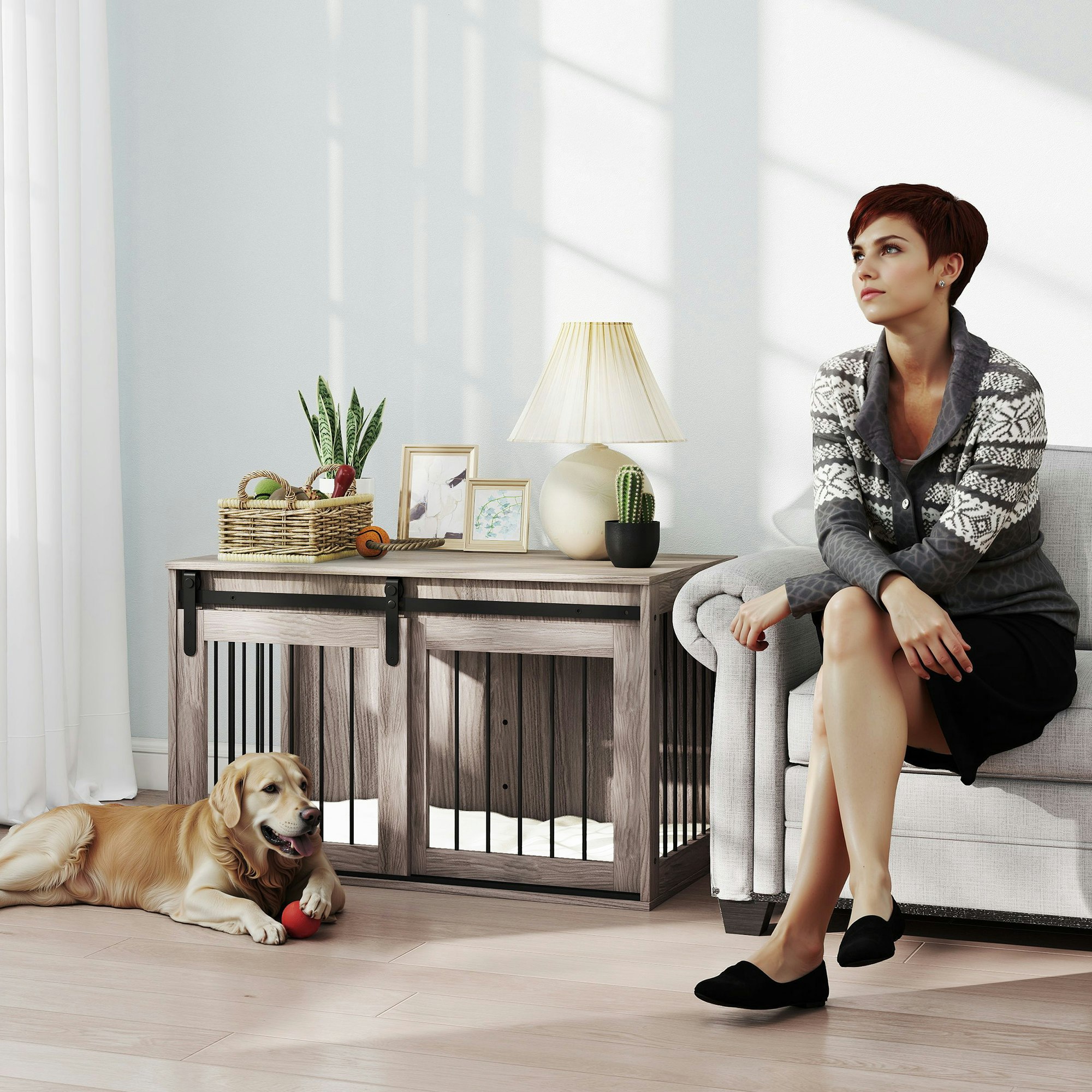 Pawhut Brown Dog Crate Furniture With Removable Cushion, For Dogs - 98 X 58X 61 Cm