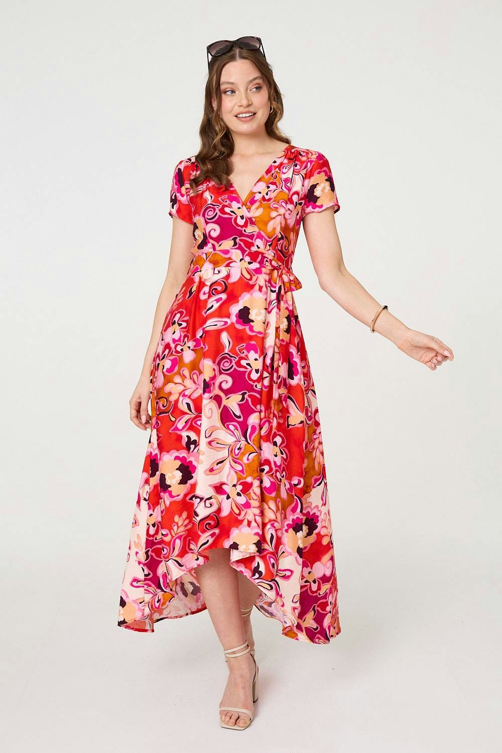 Izabel London Red Printed Short Sleeve Wrap Midi Dress - 12