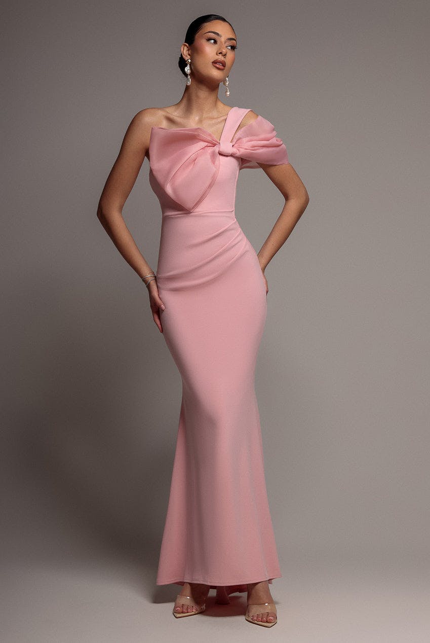 Goddiva Pink Organza Bow One Shoulder Scuba Crepe Maxi Dress - Blush By - Blush - 12