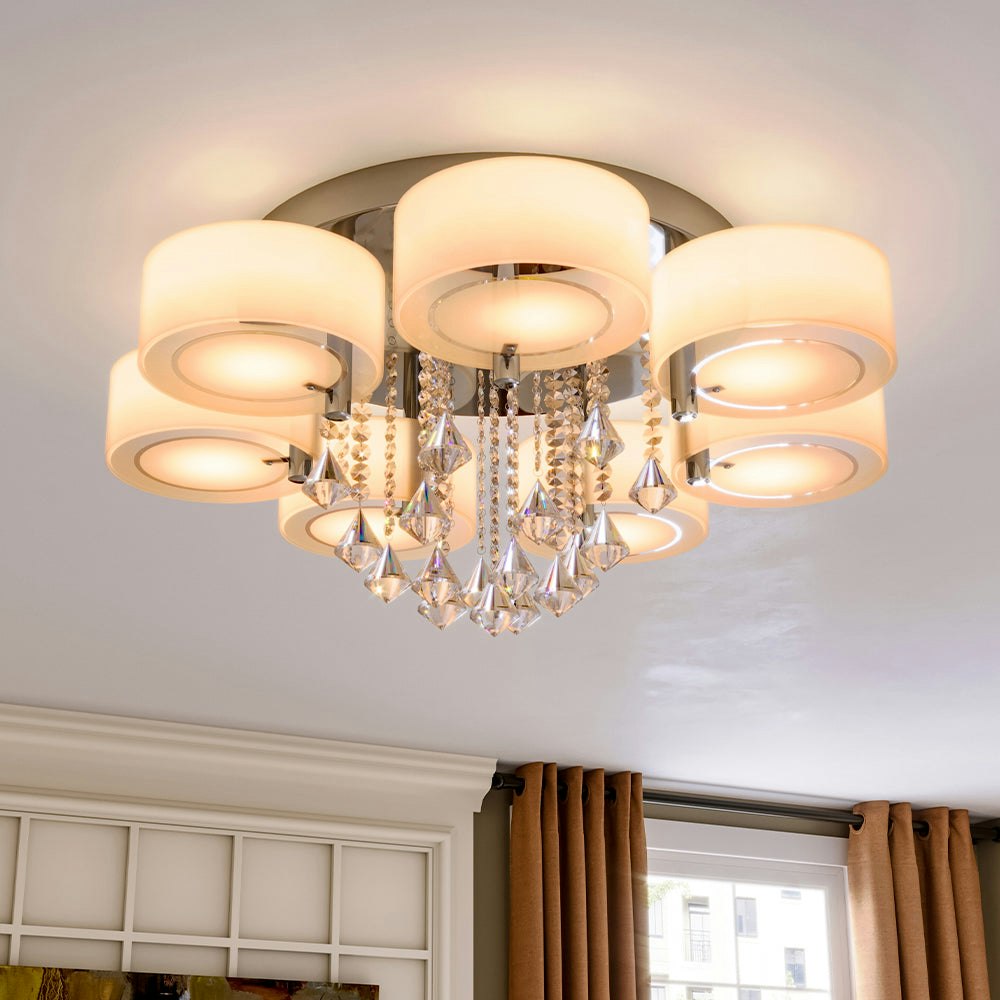 Rackhams Light Ceiling Semi-Flush Mount, Cylindrical Acrylic Lampshades, Crystal Drops - 7 Cylindrical Shades