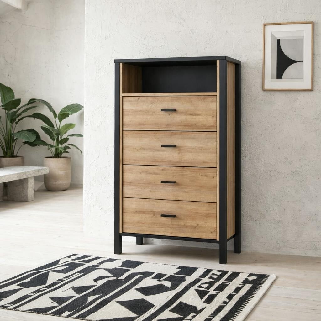 Rackhams Black Egtved And Natural Oak Wood Effect Chest Of 4 Drawers