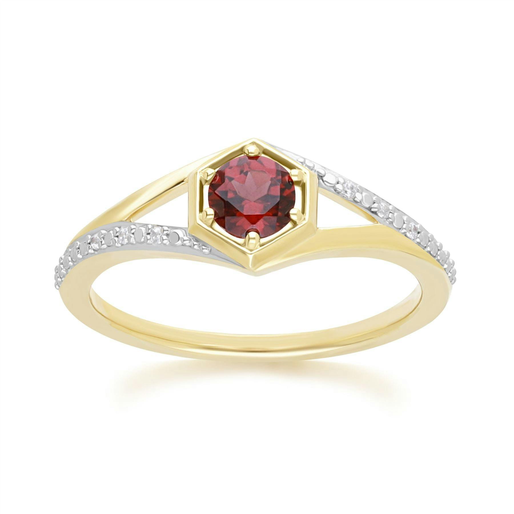 Gemondo Yellow/Gold Geometric Hexagon With Prong Set Round Garnet And Diamond Ring In 9Ct - L
