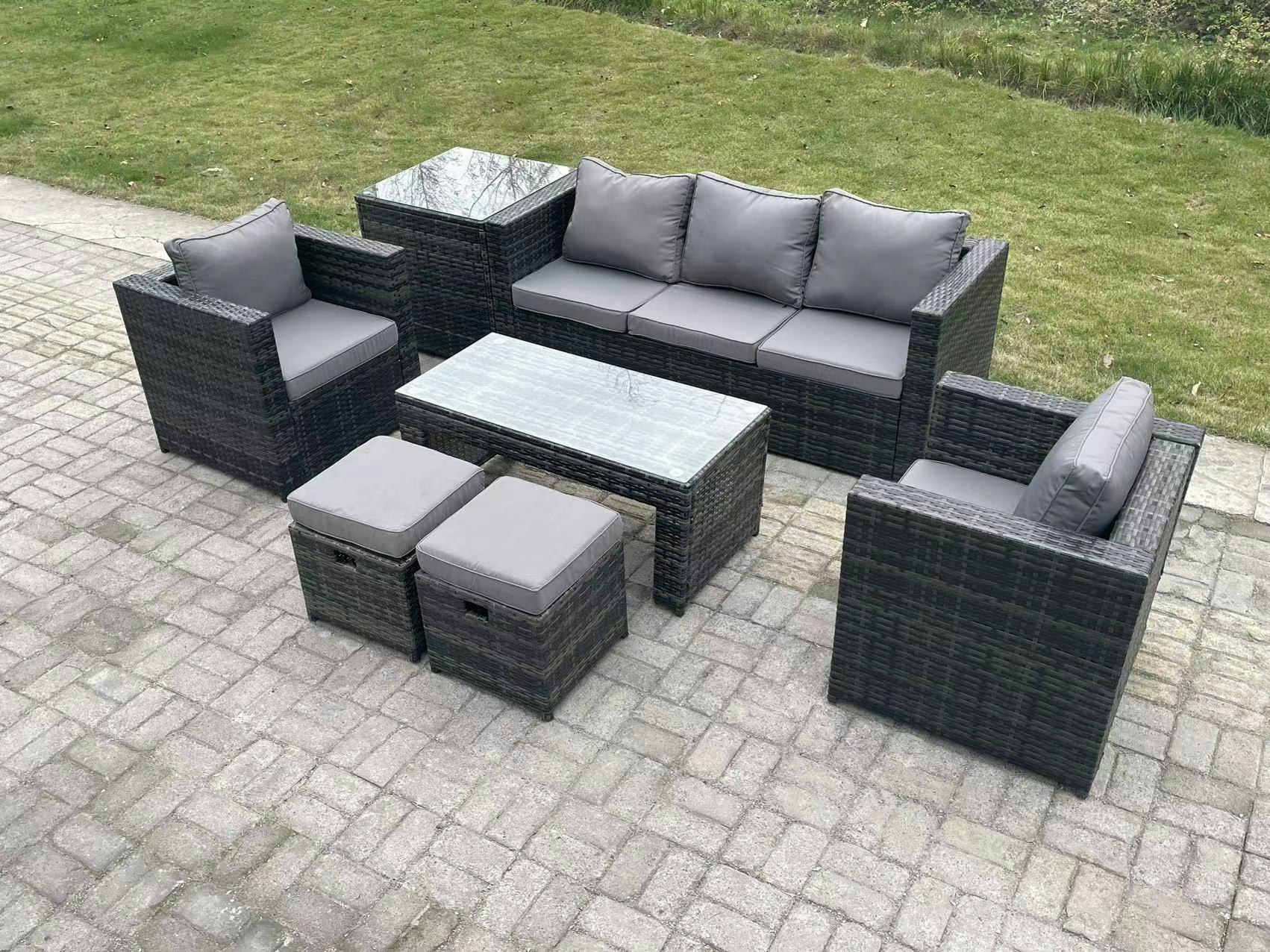 Fimous Dark/Grey/Light Lounge Rattan Sofa Set Outdoor Garden Furniture Oblong Rectangular Coffee Table With 2 Chairs 2 Stools Extra Side Table