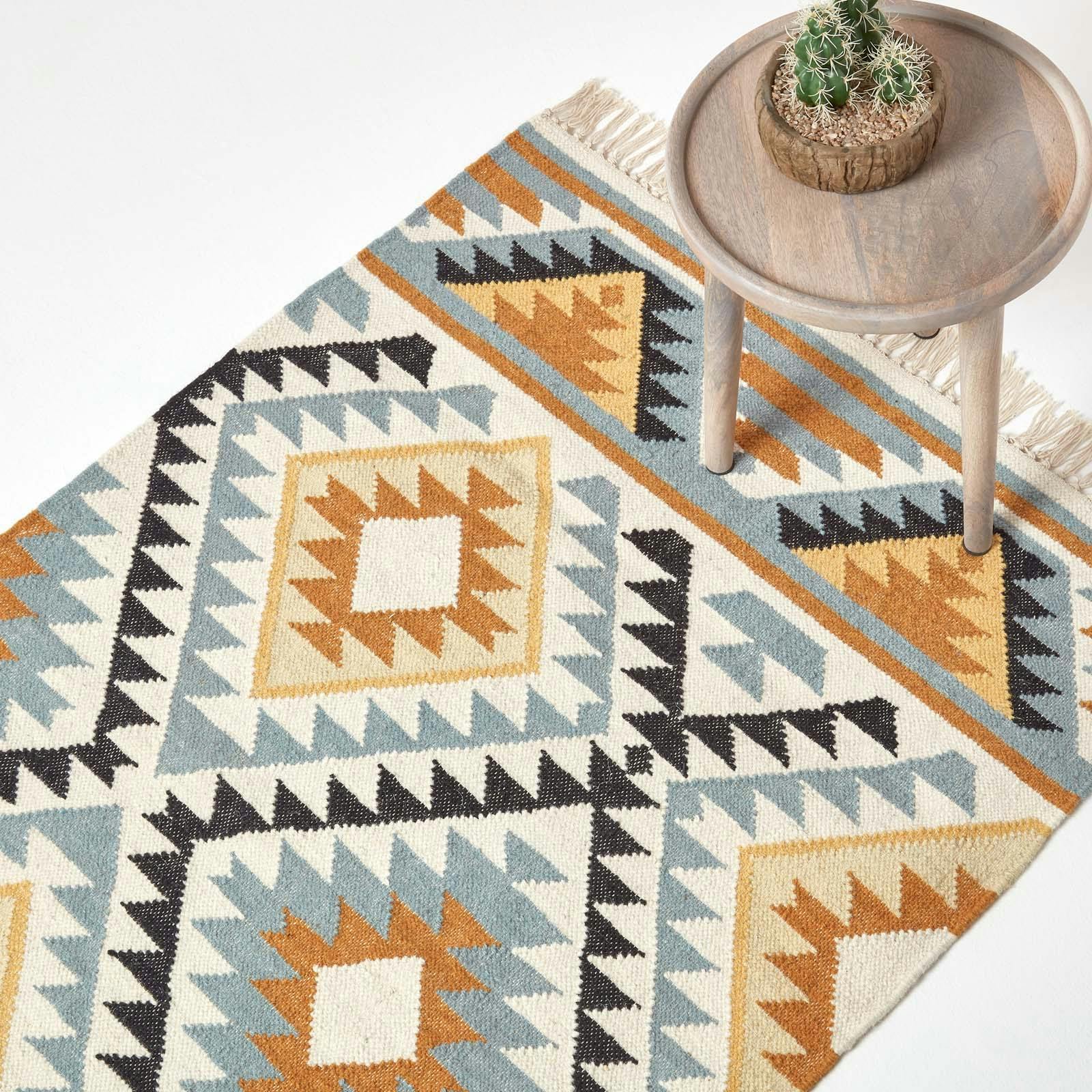 Rackhams Gold/Yellow/Cream Agra Handwoven Diamond Kilim Wool Rug - 120 X 170 Cm