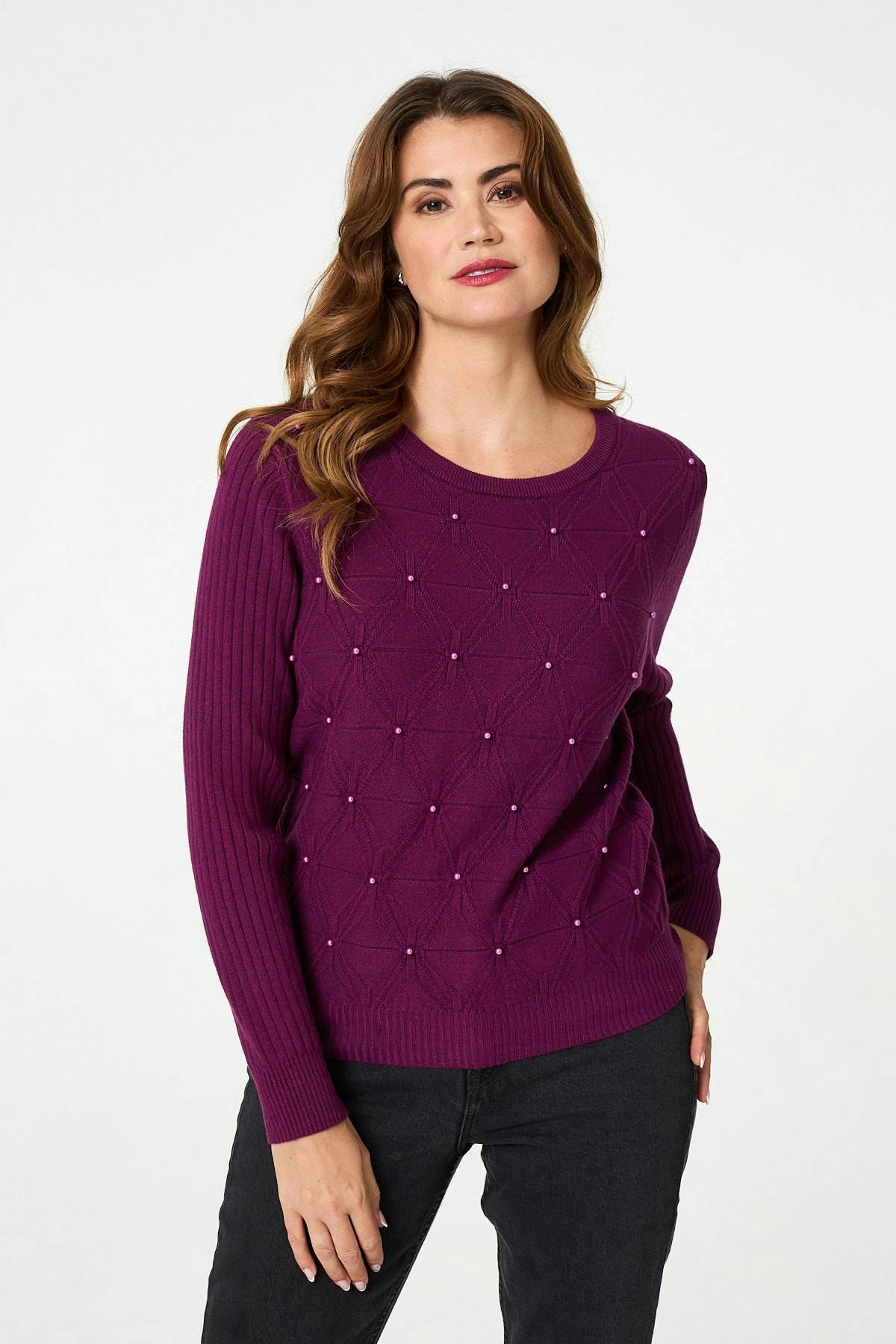 Izabel London Purple Pearl Embellished Texture Jumper - S