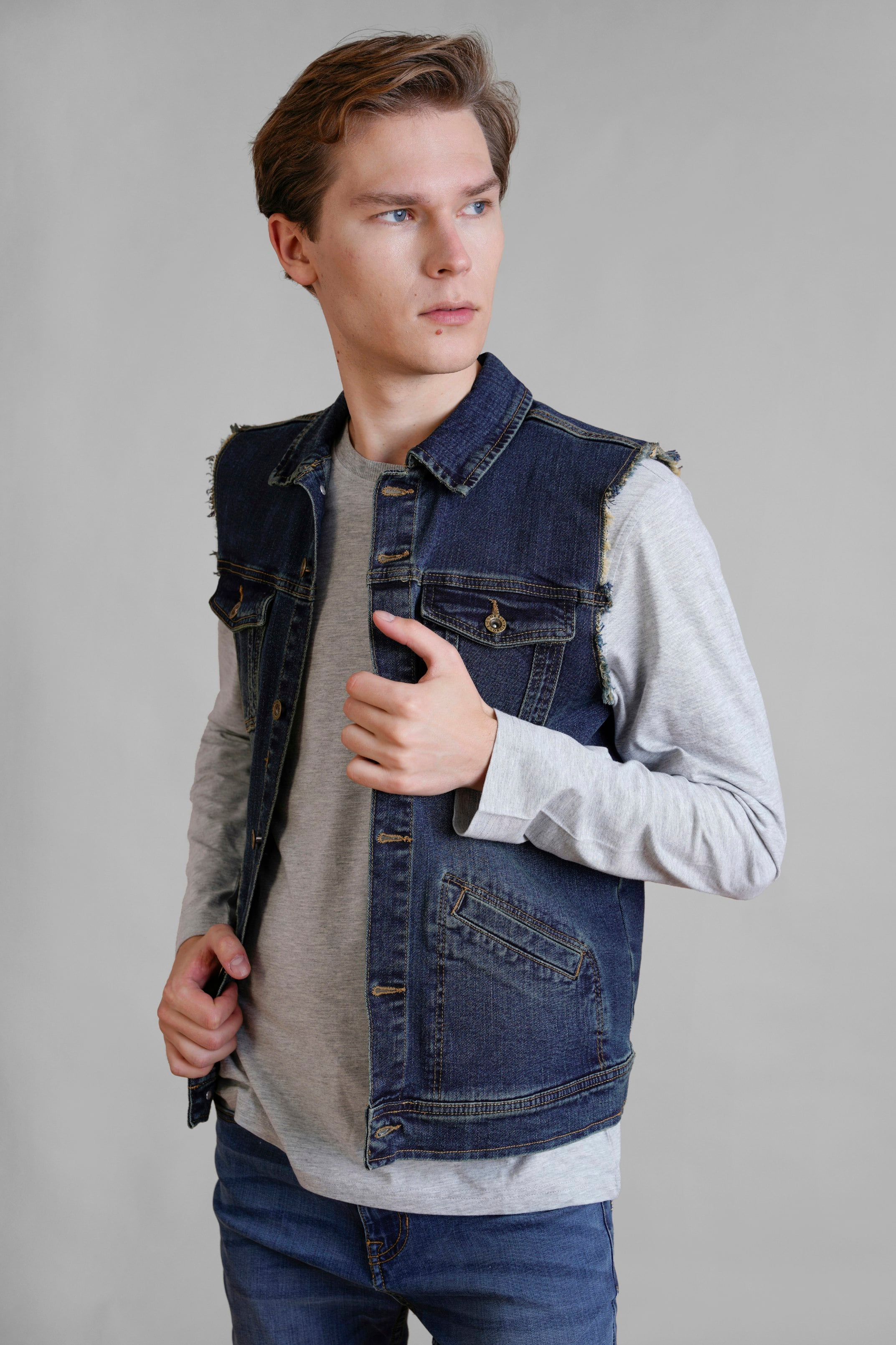 Enorsia Men's Indigo/Light/Blue Regular Fit Stretch Denim Sleeveless Jacket - L - Navy - 99% Cotton, 1% Spandex