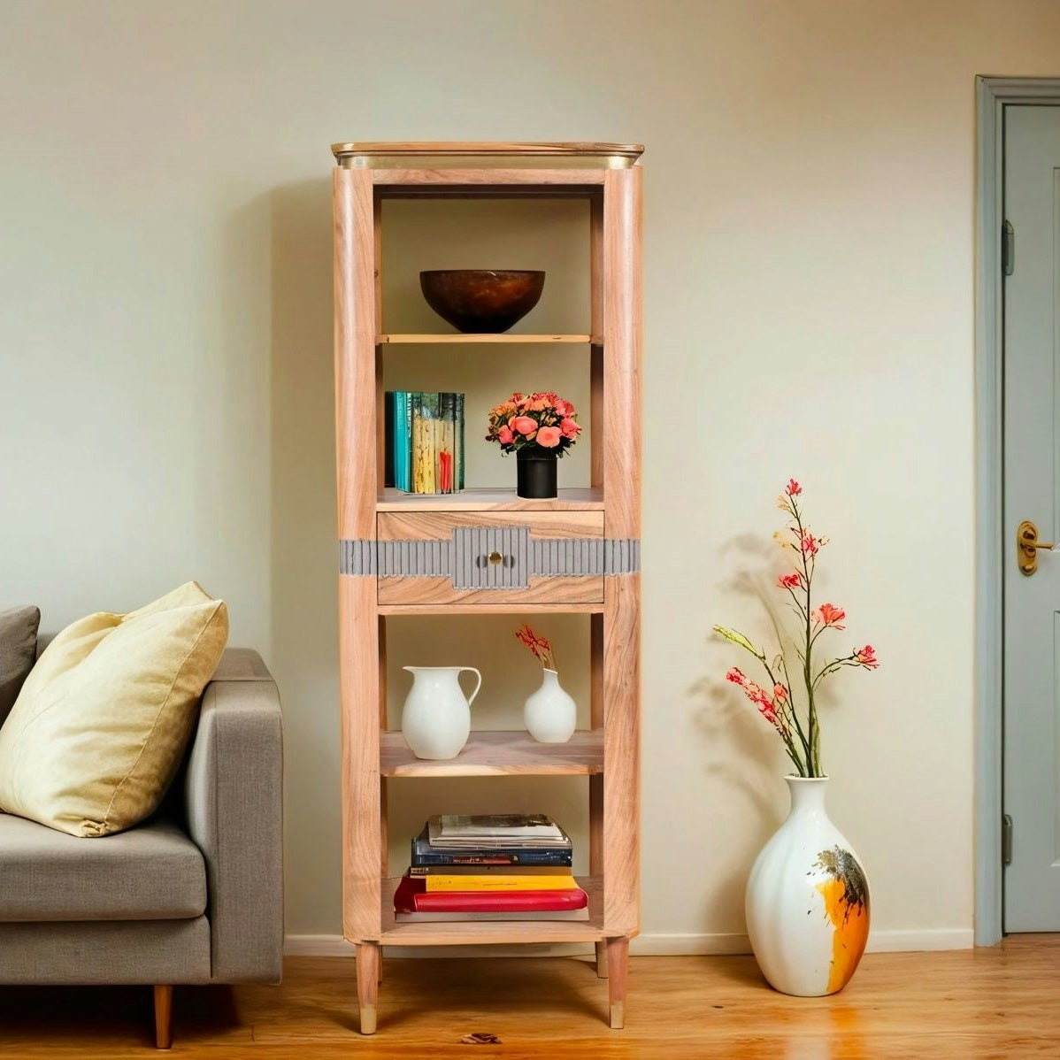 Ih Design Alaina Acacia Wood 1 Drawers Open Bookcase - Wood - 1 - 60X40x175cm (Lxdxh)