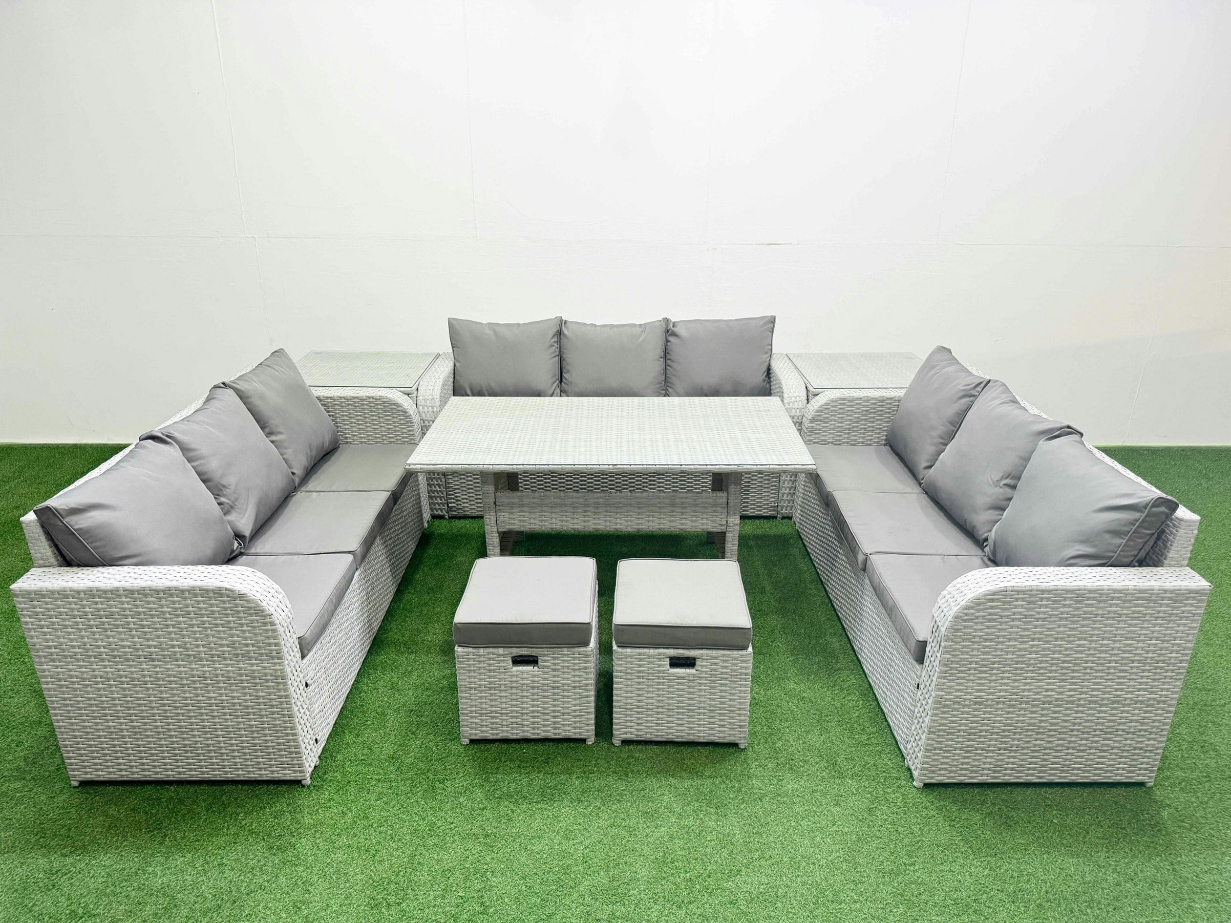 Rackhams Light/Grey Pe Rattan Lounge Sofa Set 11 Seater Outdoor Garden Furniture Set With Rectangular Dining Table 3 Seater Sofa 2 Stools 2 Side Table