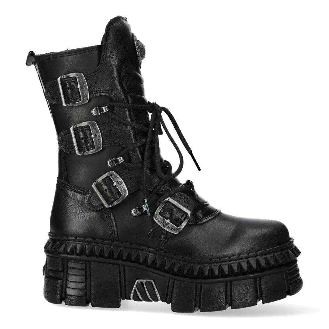 New Rock Unisex Black Boots Punk Wall373-S6 Metallic Leather Platform Emo - Eu 44