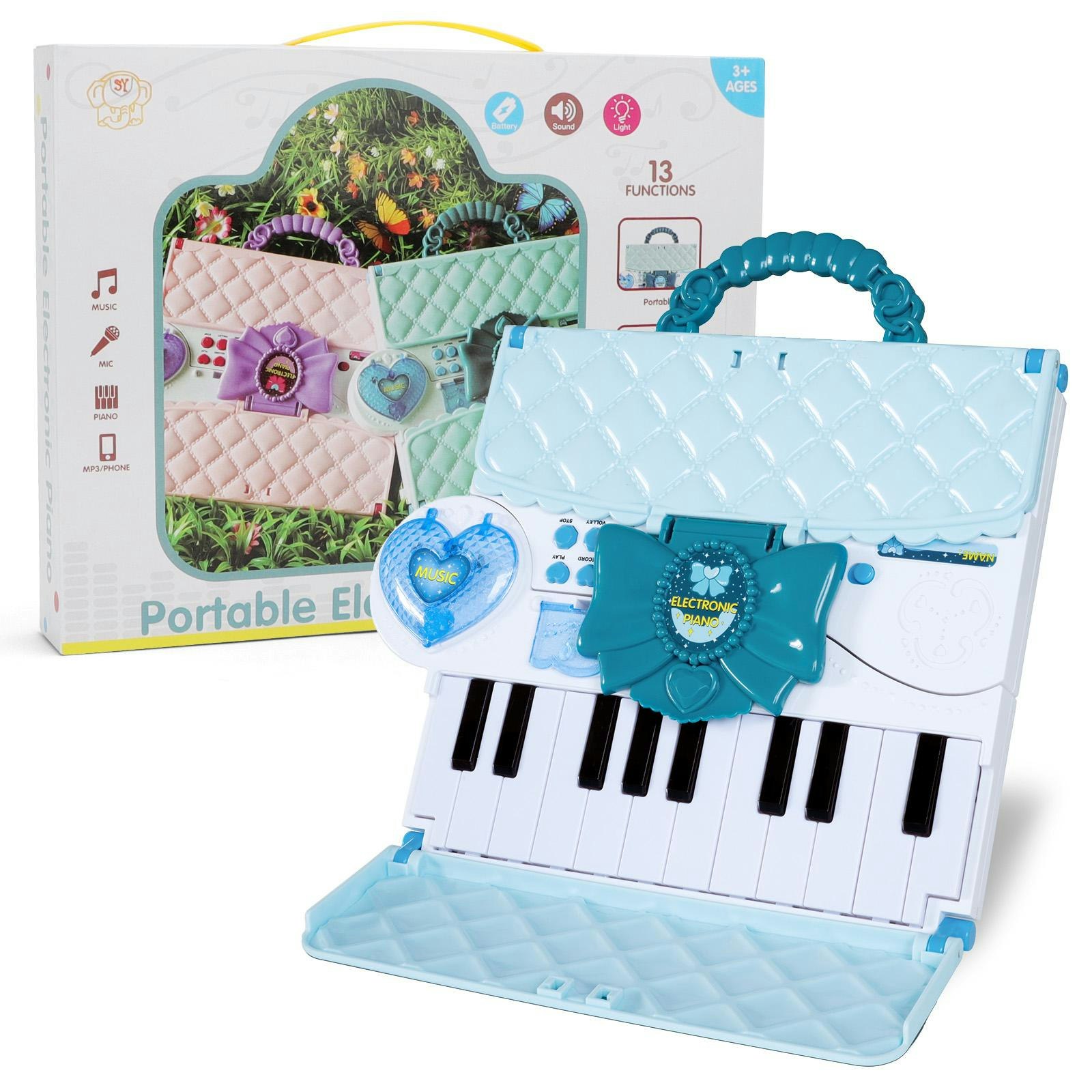 Deao Toys Blue Kids Musical Keyboard Toy Microphone ¨C 40-Key Foldable Piano With Music Lights, Volume Control & Power Adapter - 3+