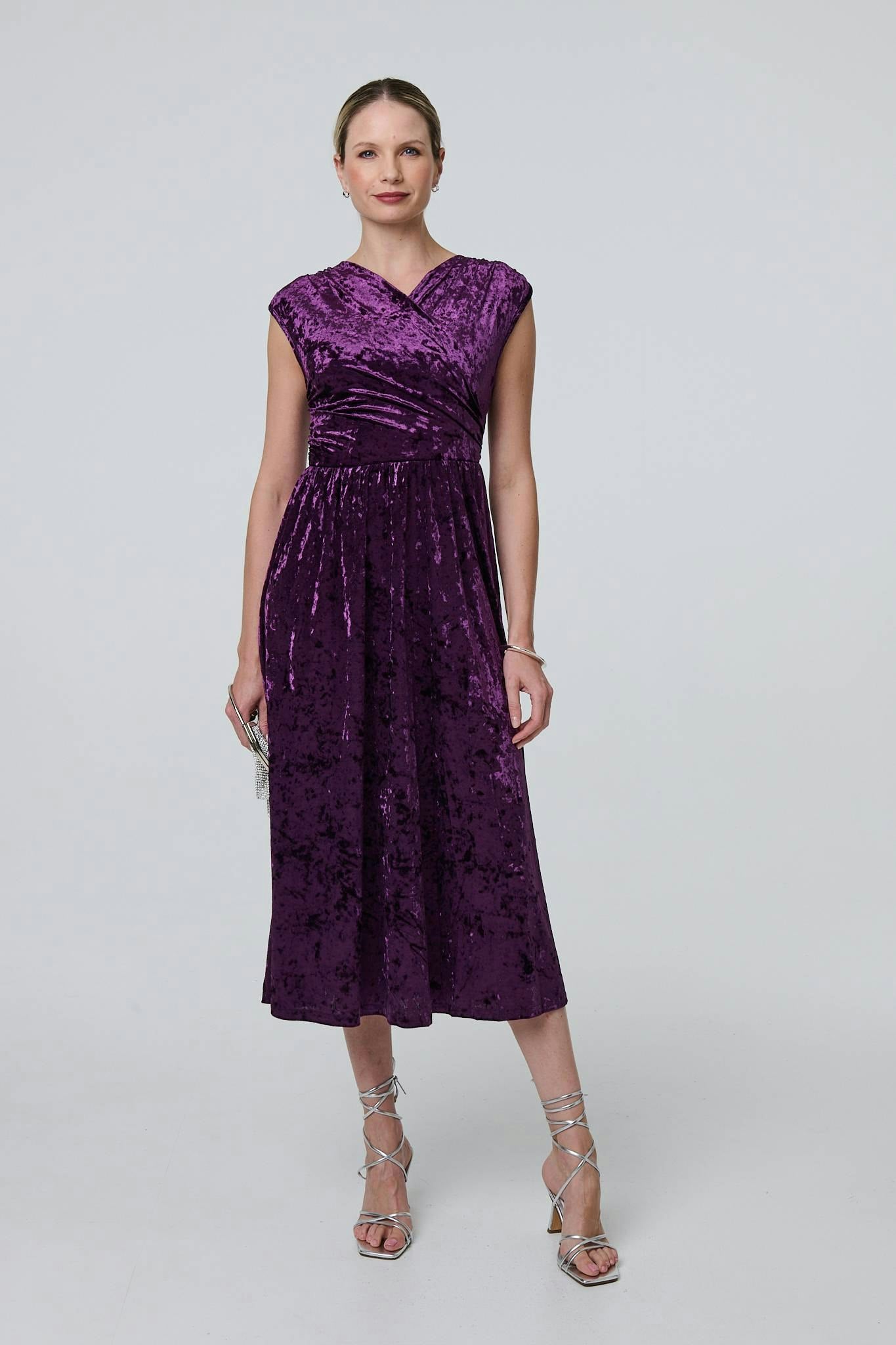 Izabel London Purple Crushed Velvet Fit & Flare Midi Dress - 10
