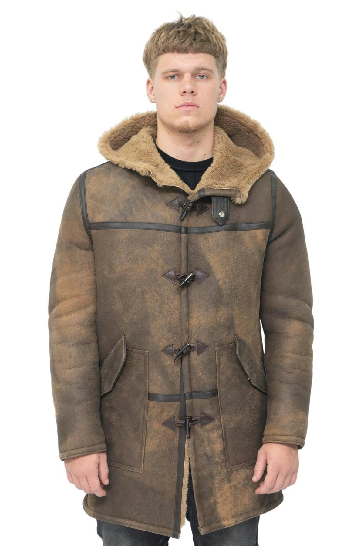 Infinity Leather Men's Brown Antique Sheepskin Duffle Coat-Arona - Uk M | Eu 48 | Us 38