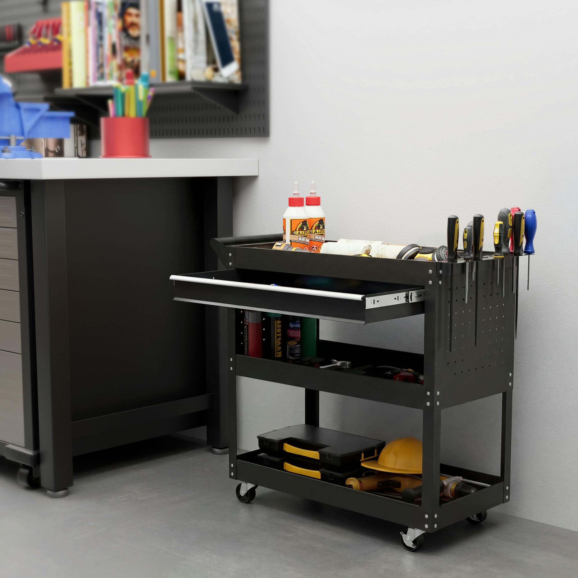 Durhand 3-Tier Tool Trolley Cart Roller Cabinet Garage Workshop With Drawer