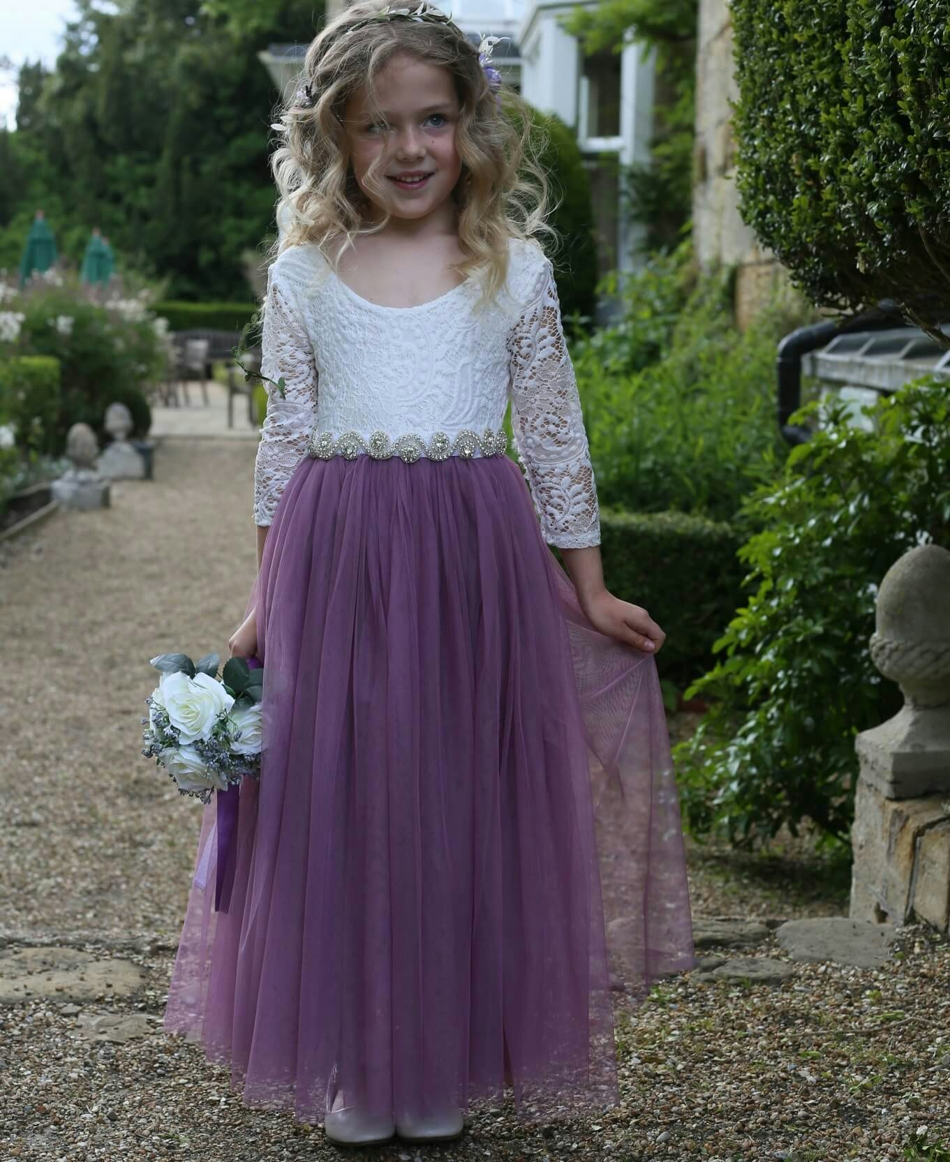 Uk Flower Girl Boutique Girls White Uk Flower Boutique Bohemian Classic Long Sleeve Dress - Heather - 9/10 Years