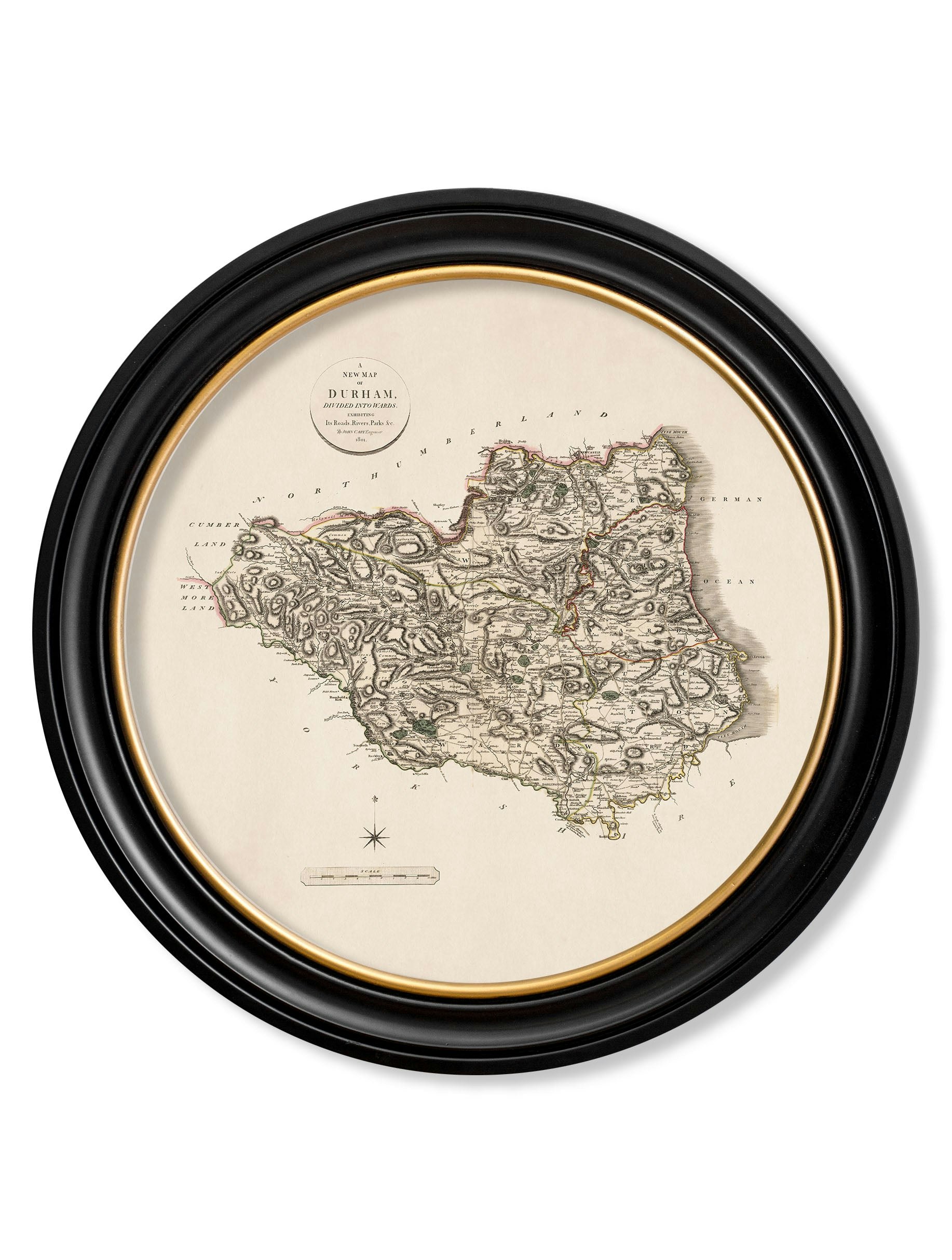 Exceptional Art Black C.1806 County Maps Of England - Round - 96 X 96Cm - Durham
