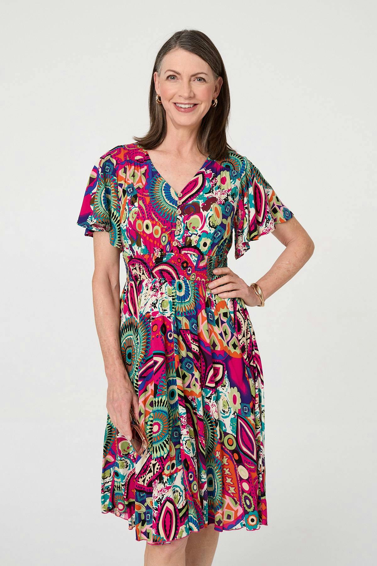 Izabel London Pink Abstract Print V-Neck Knee Length Dress - 12