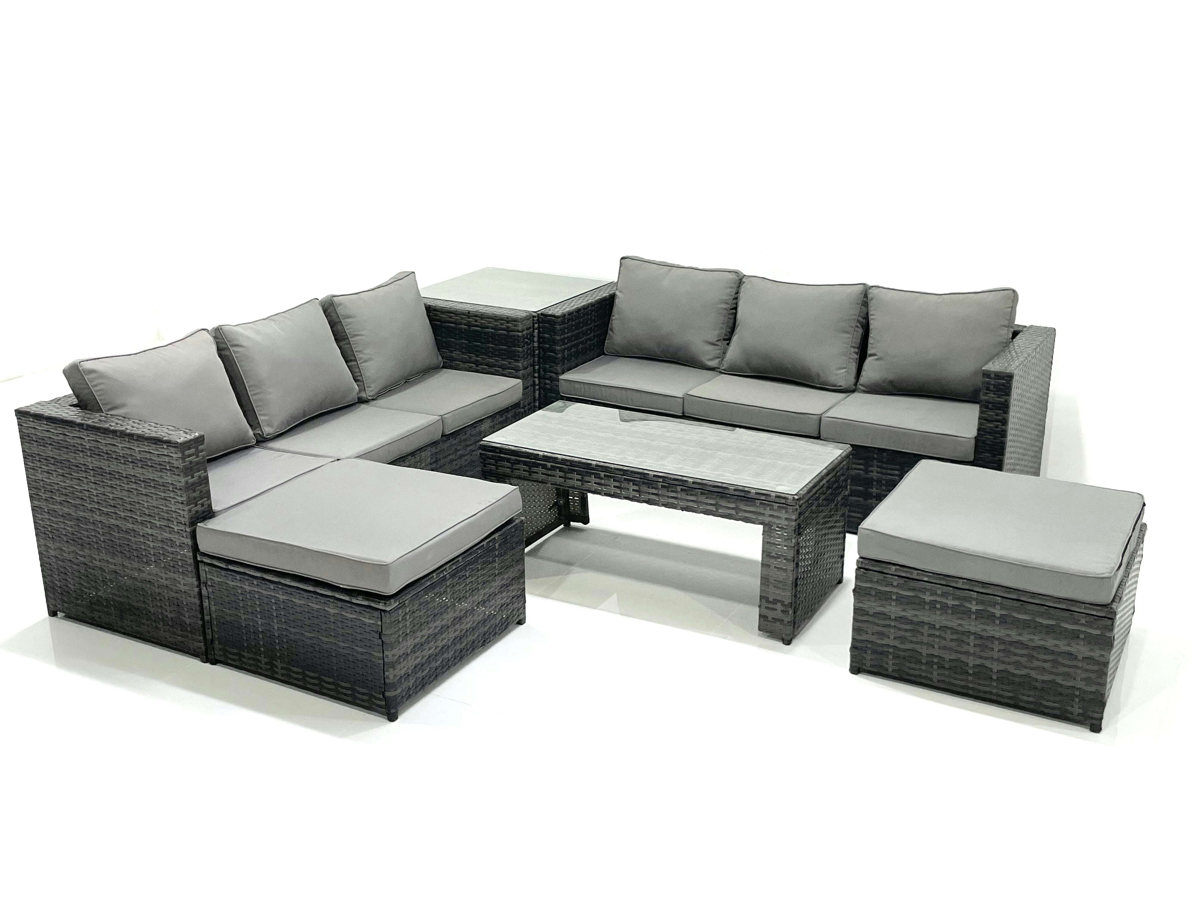 Fimous Dark/Grey Garden Outdoor Rattan Furniture Set With Sofa Coffee Table 2 Big Footstools Side Table Mixed