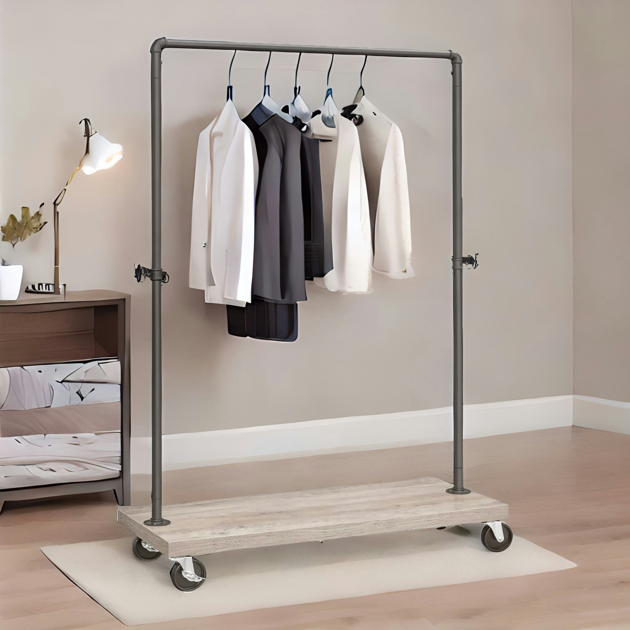 Rafaelo Mobilia Light/Brown Industrial Clothes Rack With Wheels Open Wardrobe