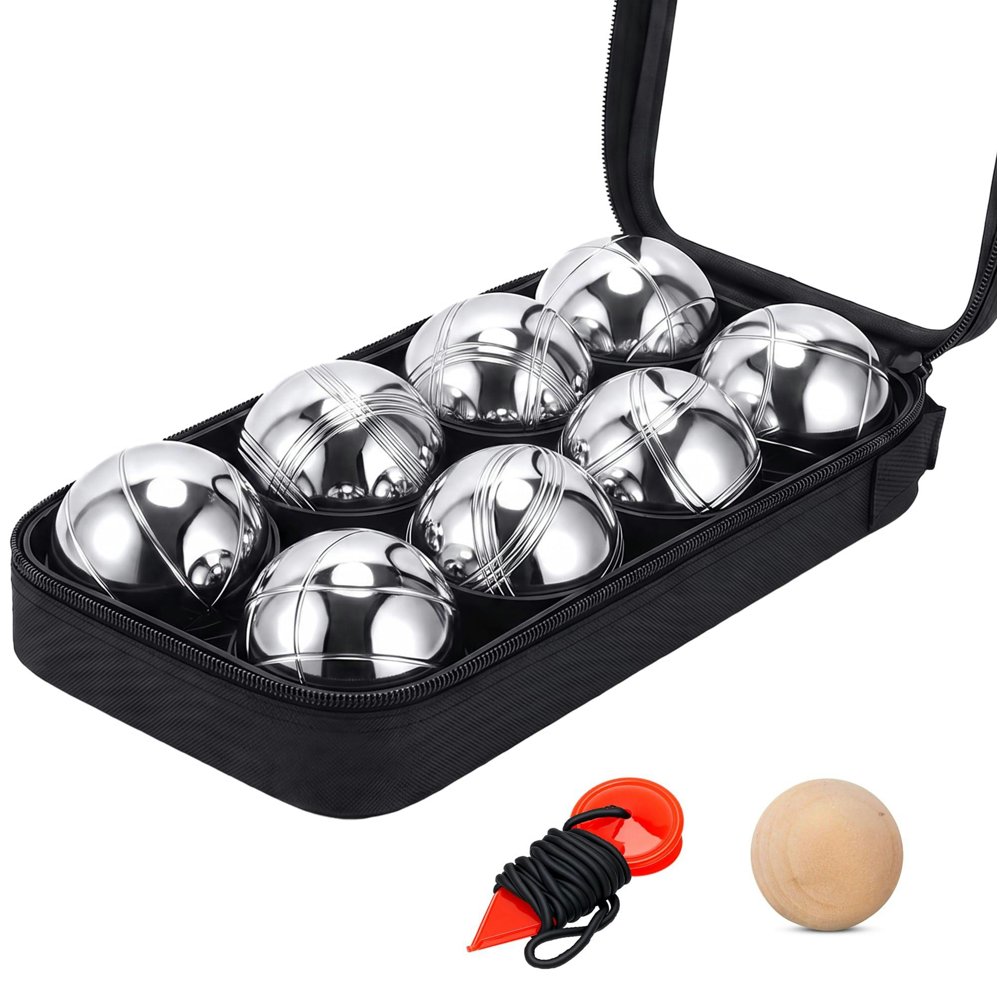 My Garden Outdoor Living French Boules Set - 8X Steel Bocce Ball With Wooden Jack. Measuring String & Zippered Carry Case For Garden Games