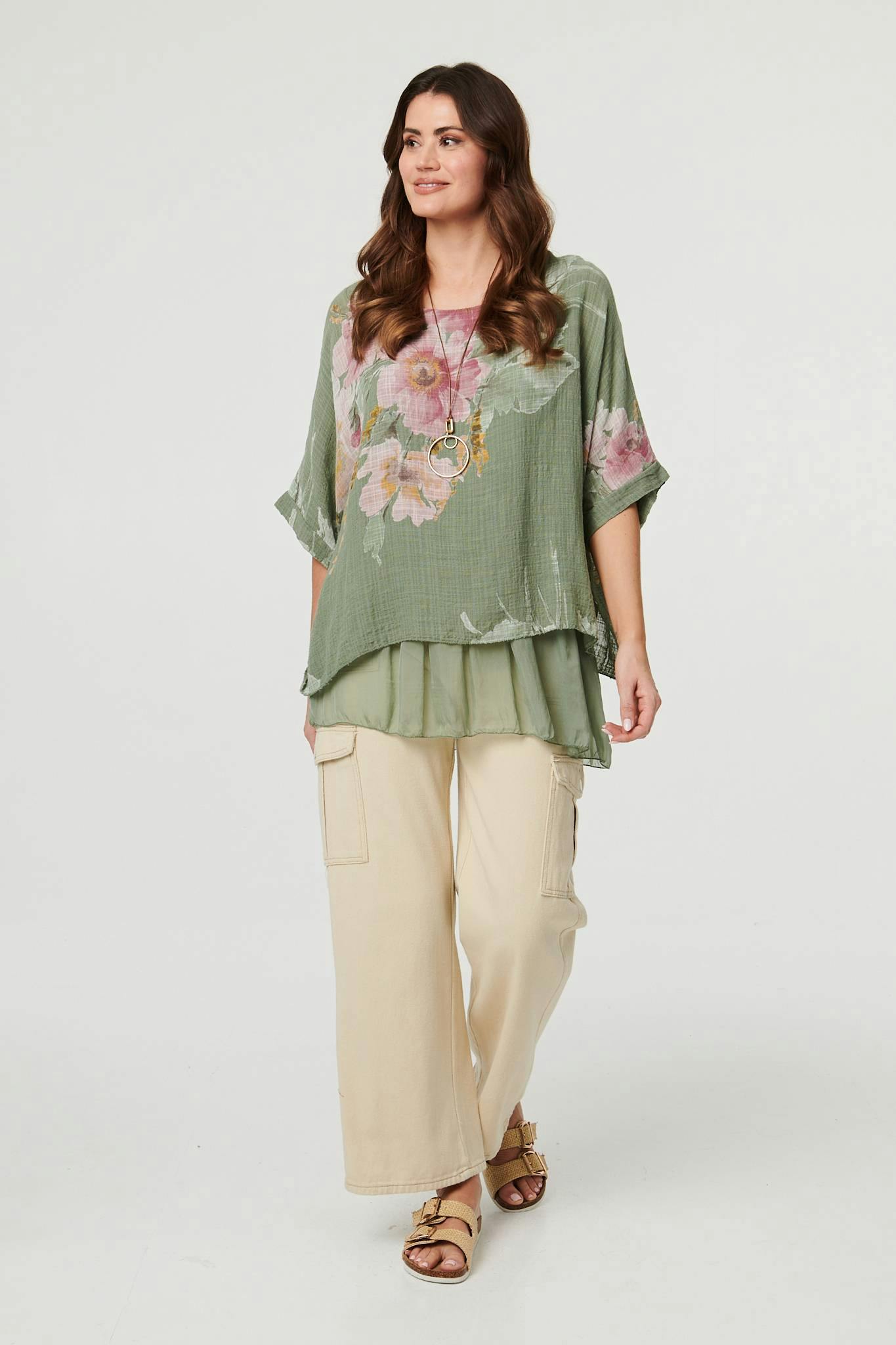 Izabel London Floral 3/4 Sleeve Layered Tunic Blouse - 8 - Khaki