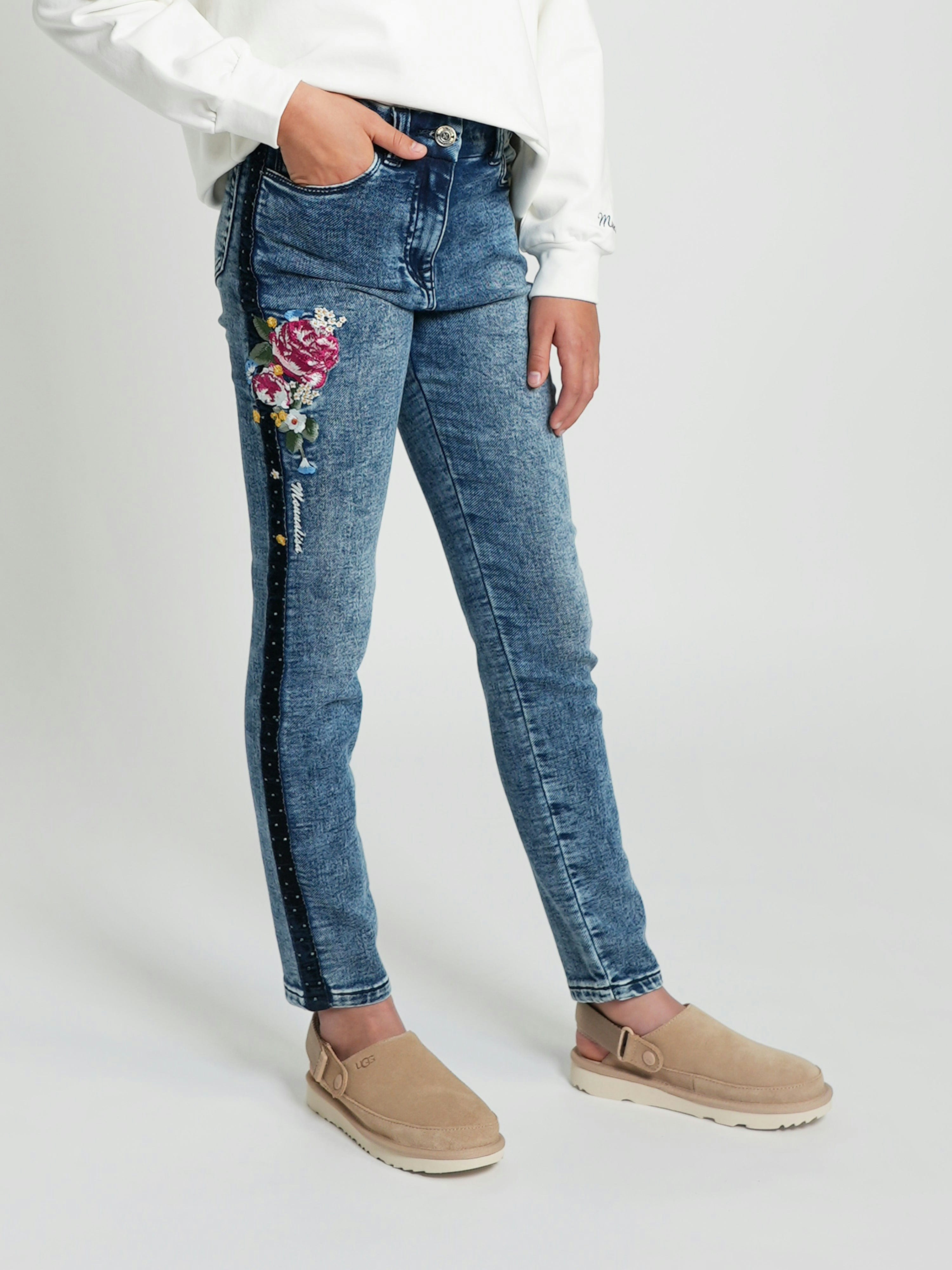 Monnalisa Girls Blue Embroidered Denim Stretch Jeans In - 4 Yrs