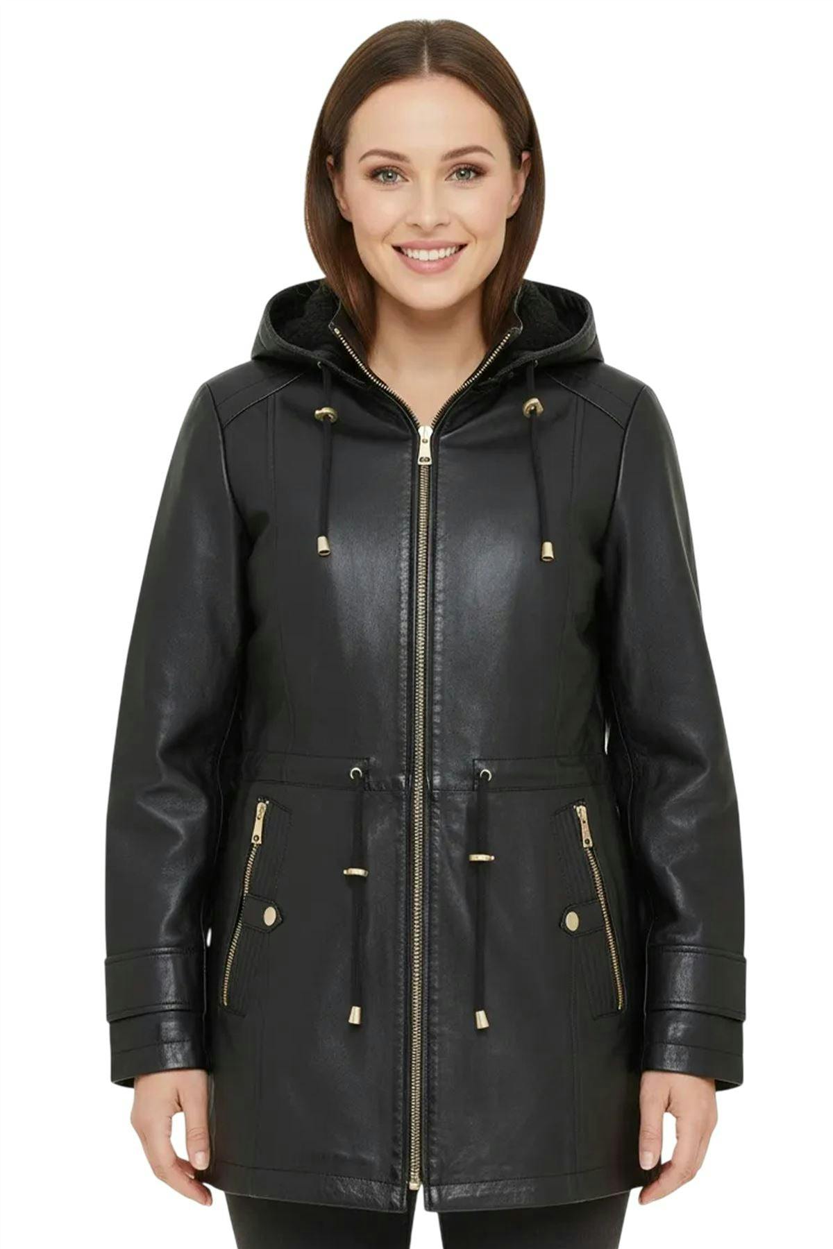 Infinity Leather Women's Black Leather Parka Detachable Borg Hooded Trench Coat - Trekker - Uk S/10 | Eu 36 | Us 6