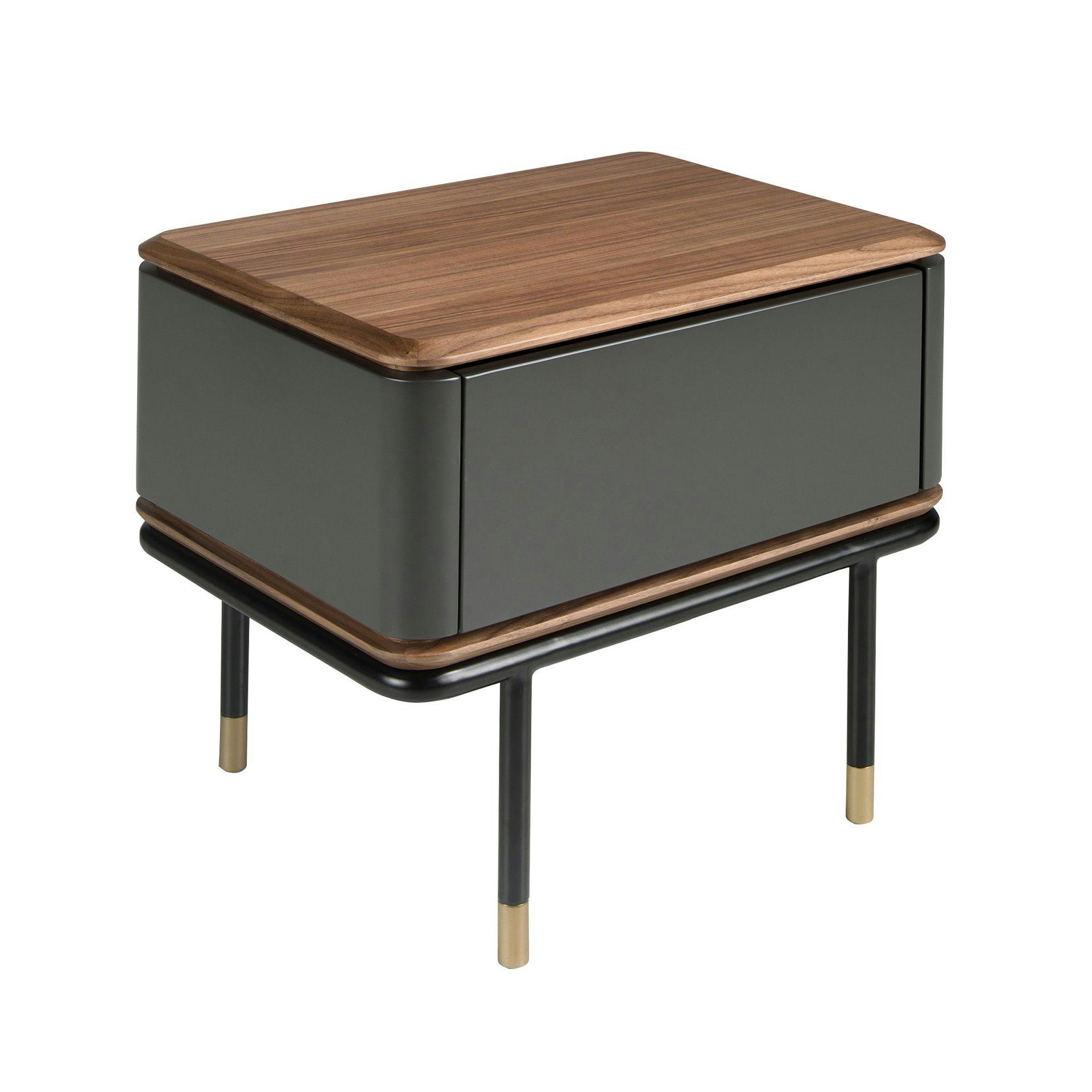 Rackhams Dark/Grey/Black Bedside Table In Matt Wood, Steel And Walnut Top 7170