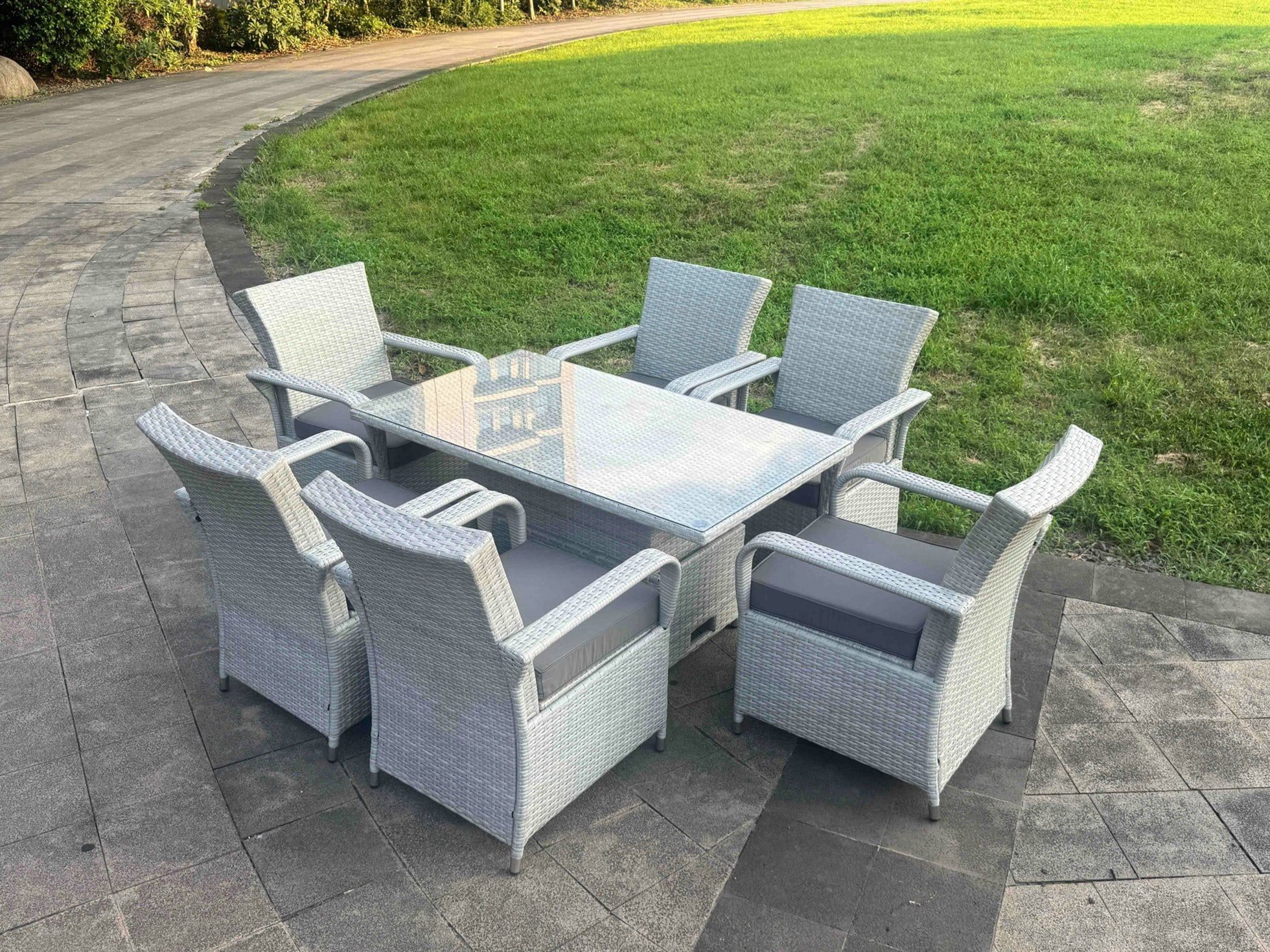 Rackhams Light/Grey Rattan Outdoor Garden Furniture Set Height Adjustable Rising Lifting Table And 6 Chairs Set With Seat Cushion
