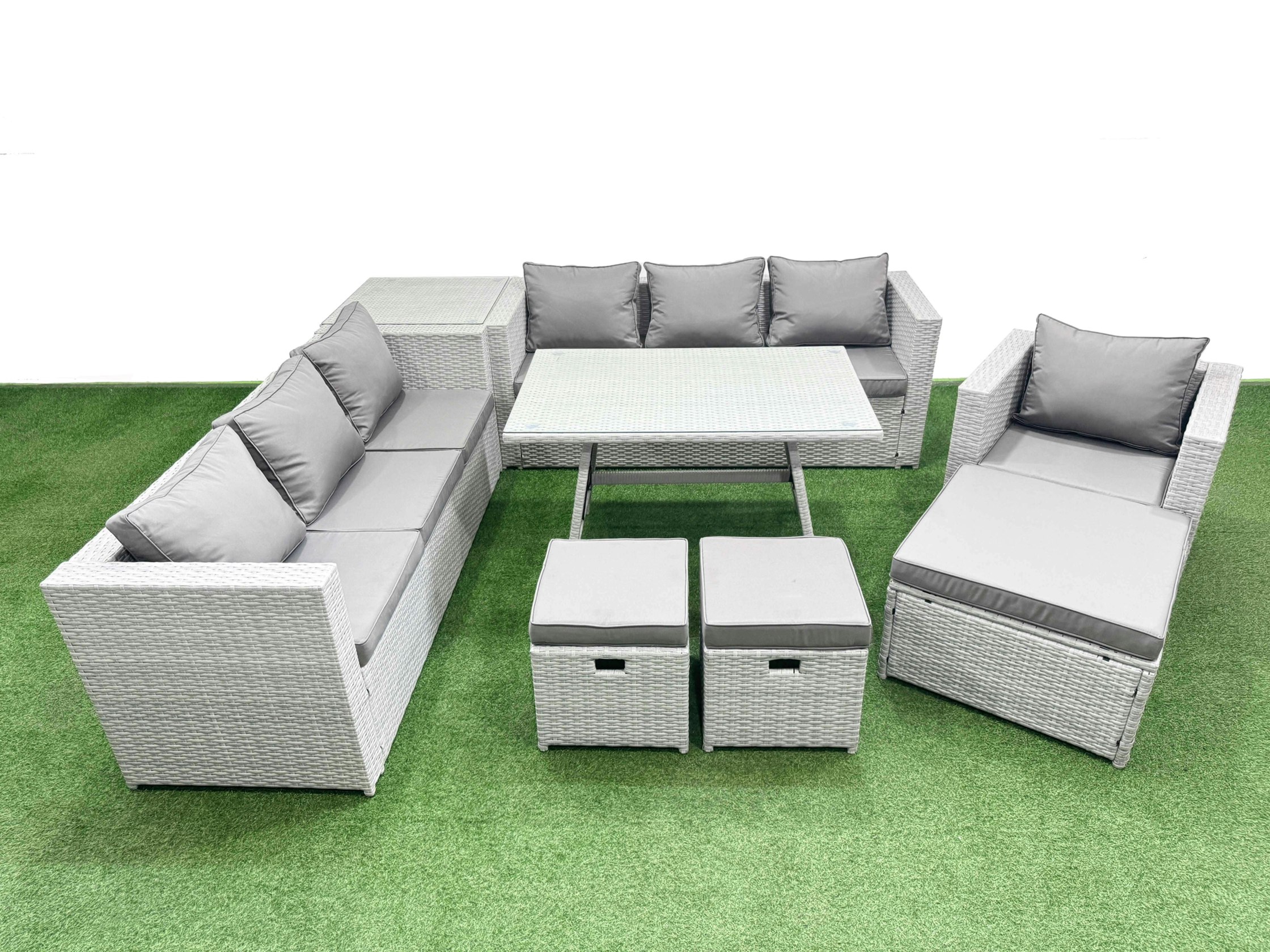 Fimous Light/Grey/Dark Outdoor Rattan Garden Furniture Dining Set 10 Seater Patio Rectangular Table 3 Seater Sofa Armchair Set With Side Table 3 Stools